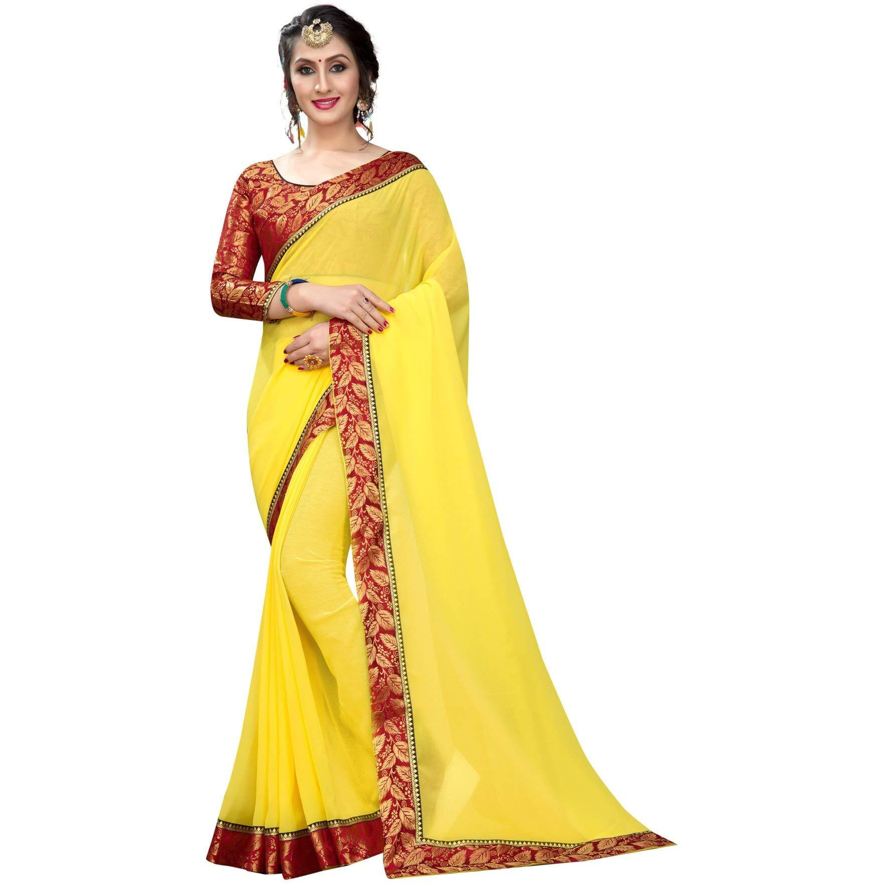Online Bazaar Womens Jacquard Faux Georgette Saree With Unstitched Blouse Piece (2278_Yellow)