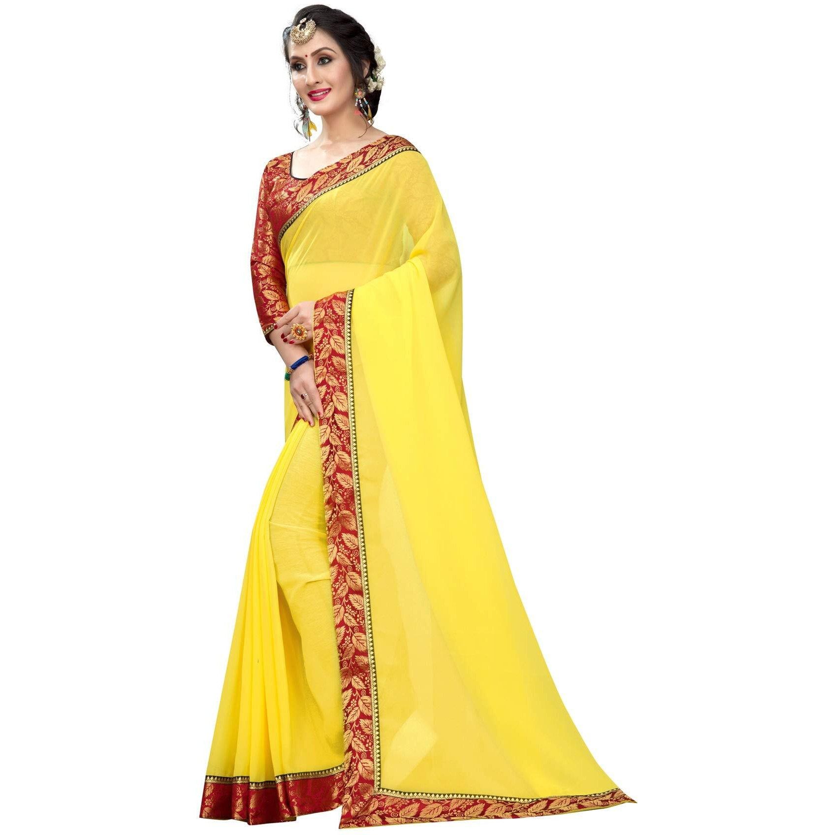 Online Bazaar Womens Jacquard Faux Georgette Saree With Unstitched Blouse Piece (2278_Yellow)
