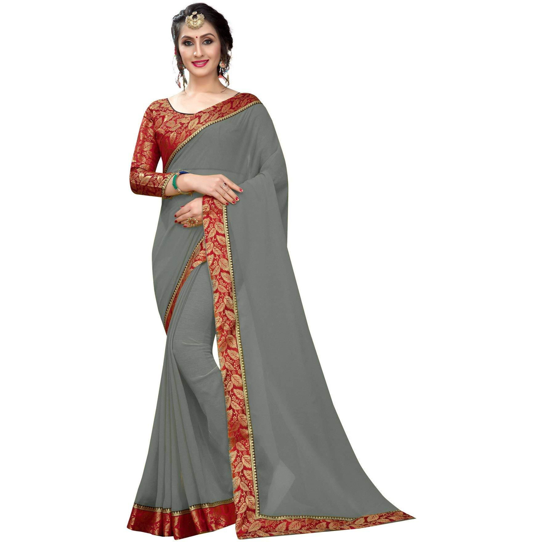Online Bazaar Womens Jacquard Faux Georgette Saree With Unstitched Blouse Piece (2278_Grey & Red)