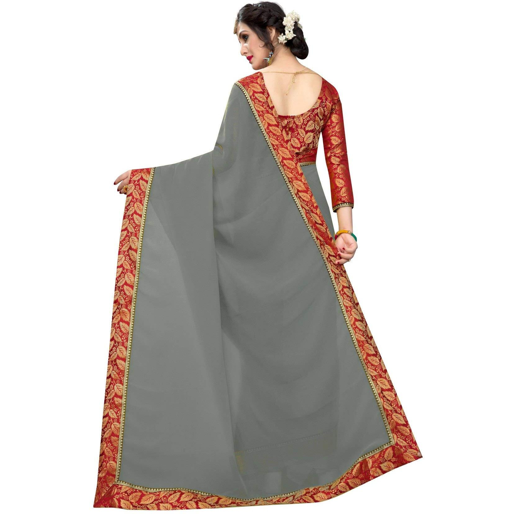 Online Bazaar Womens Jacquard Faux Georgette Saree With Unstitched Blouse Piece (2278_Grey & Red)