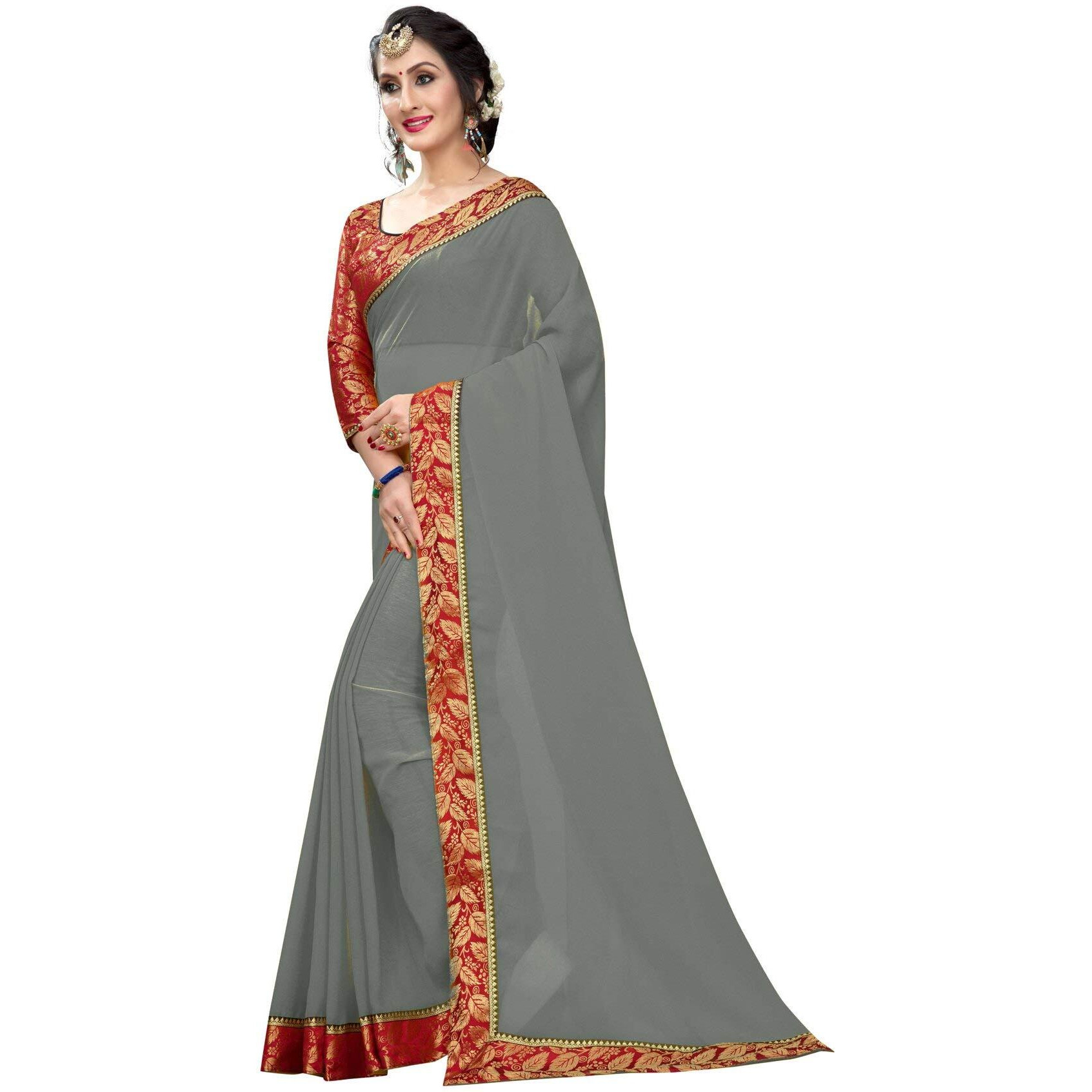 Online Bazaar Womens Jacquard Faux Georgette Saree With Unstitched Blouse Piece (2278_Grey & Red)