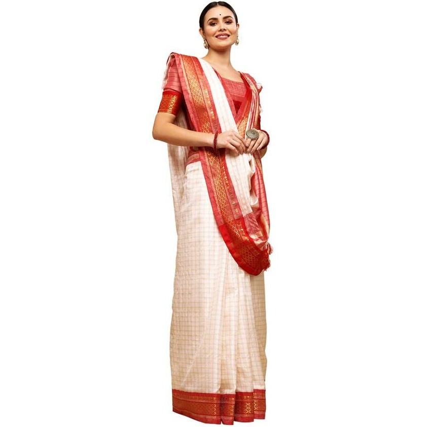 SIRIL Womens Woven Checks With Golden Border & Tassel Poly Silk Saree with Unstitched Blouse Piece(2347S254A_Off White7)
