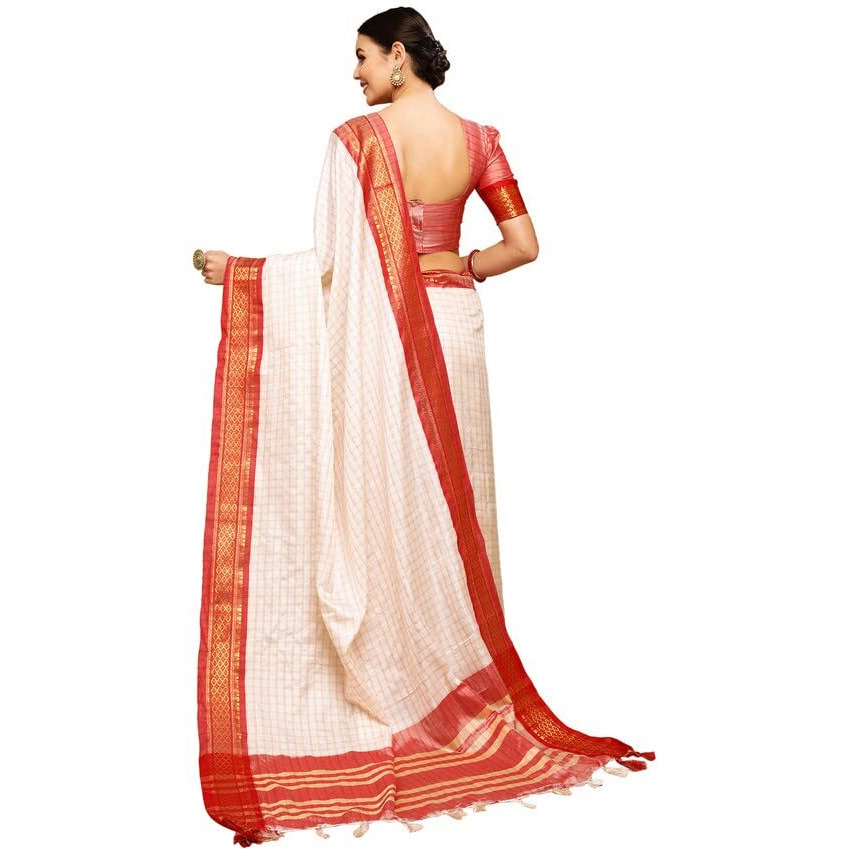 SIRIL Womens Woven Checks With Golden Border & Tassel Poly Silk Saree with Unstitched Blouse Piece(2347S254A_Off White7)