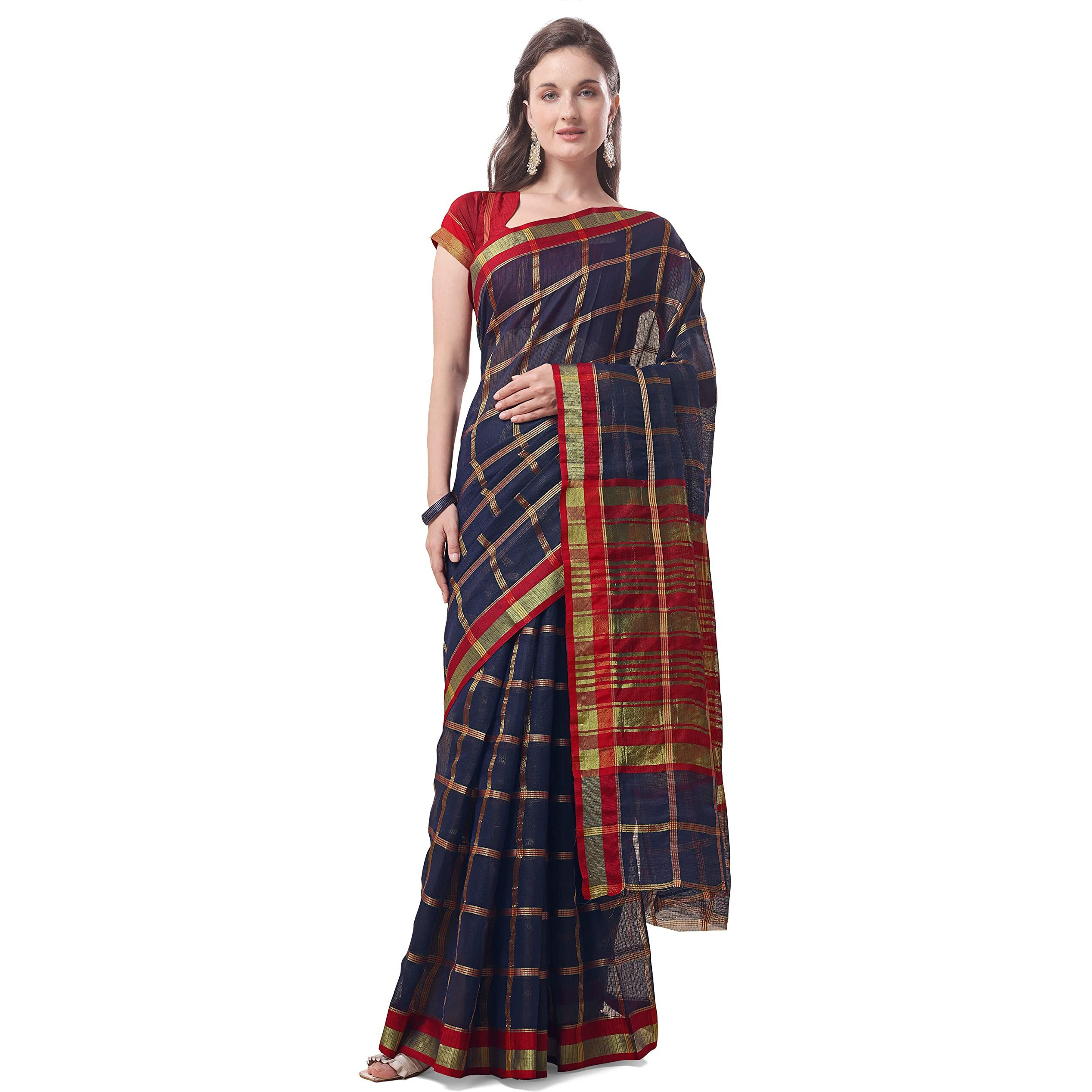 Sidhidata Womens Checks Kota Doria Cotton Manipuri Saree With Unstitched Blouse Piece (Pizza Navy_Navy_Free Size)
