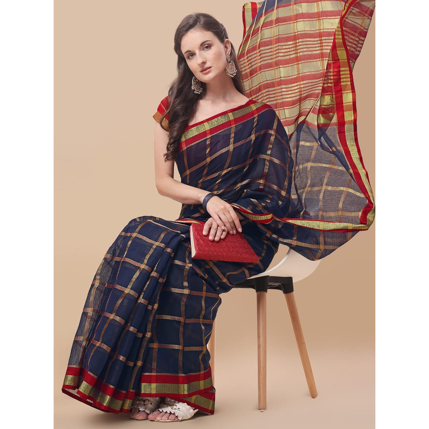 Sidhidata Womens Checks Kota Doria Cotton Manipuri Saree With Unstitched Blouse Piece (Pizza Navy_Navy_Free Size)