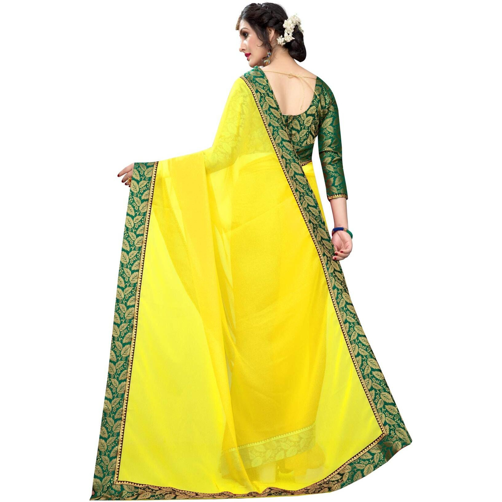 Online Bazaar Womens Georgette Jacquard Plain Saree with Border (2278, Yellow, Green)