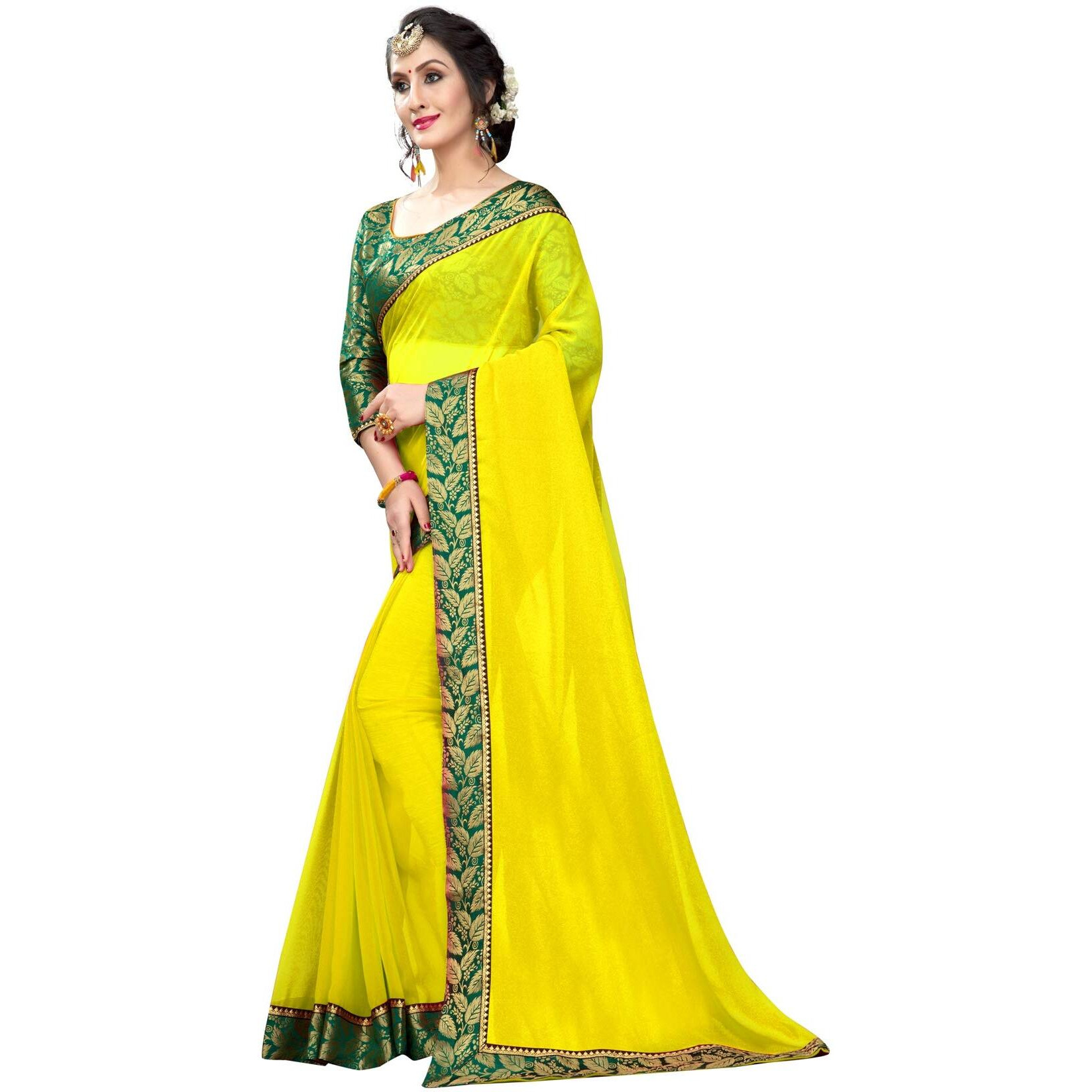 Online Bazaar Womens Georgette Jacquard Plain Saree with Border (2278, Yellow, Green)