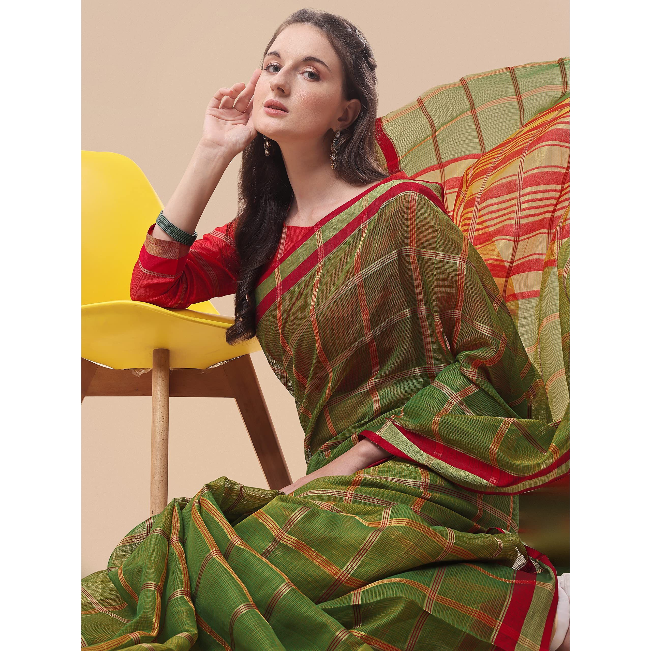 Sidhidata Womens Checks Kota Doria Cotton Manipuri Saree With Unstitched Blouse Piece (Pizza Green_Green_Free Size)