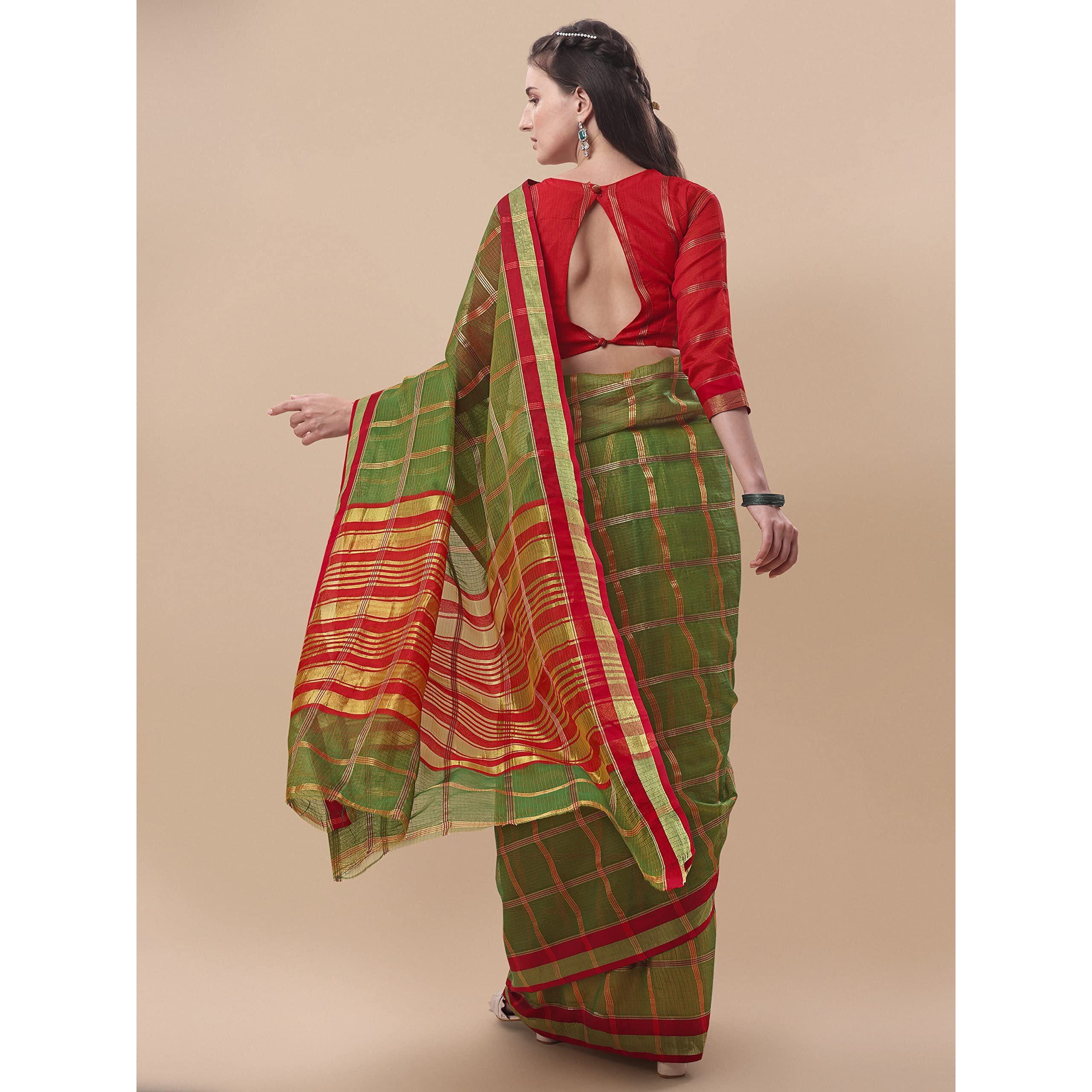 Sidhidata Womens Checks Kota Doria Cotton Manipuri Saree With Unstitched Blouse Piece (Pizza Green_Green_Free Size)
