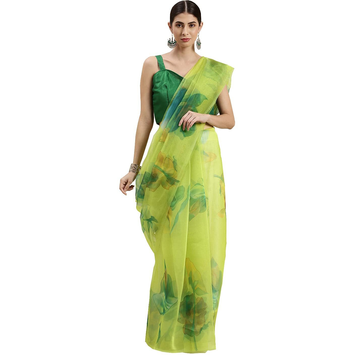 Blissta Womens Lime Green Organza Printed Saree With Unstitched Blouse