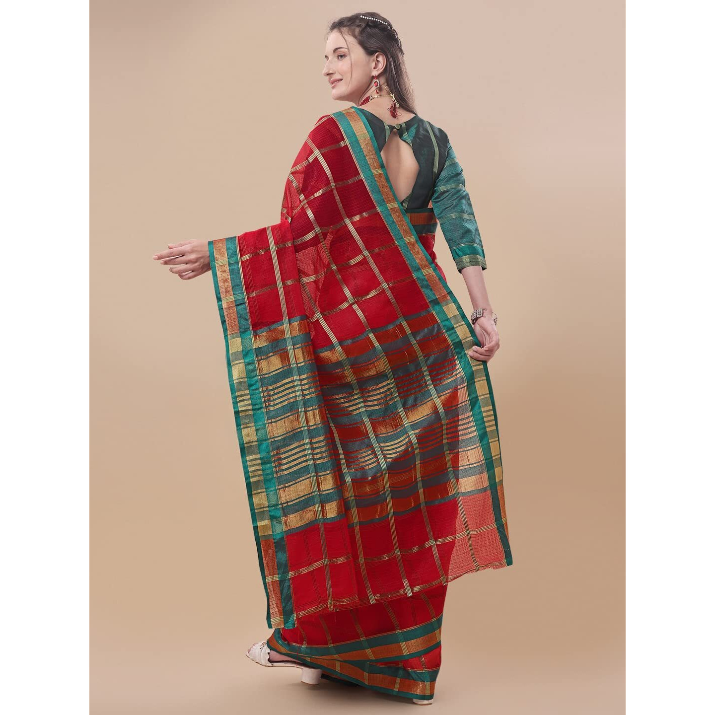Sidhidata Womens Checks Kota Doria Cotton Manipuri Saree With Unstitched Blouse Piece (Pizza Red_Red_Free Size)