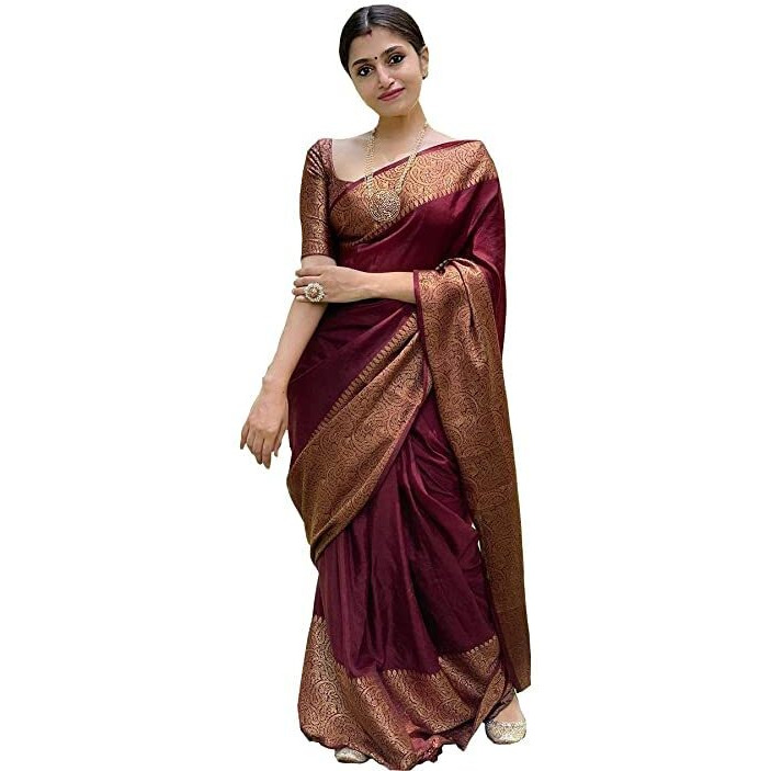 AKHILAM Womens Womens Trendy Kanjivaram Banarasi Soft Lichi Silk Saree With Blouse Piece, Maroon