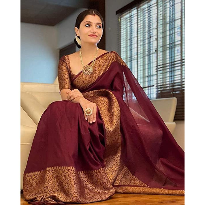 AKHILAM Womens Womens Trendy Kanjivaram Banarasi Soft Lichi Silk Saree With Blouse Piece, Maroon