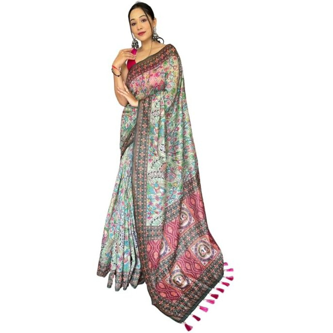 SGF11- Womens Kanjivaram Cotton Kalamkari Printed Saree Pure Golden Zari With Blouse Pieces (Light Green)