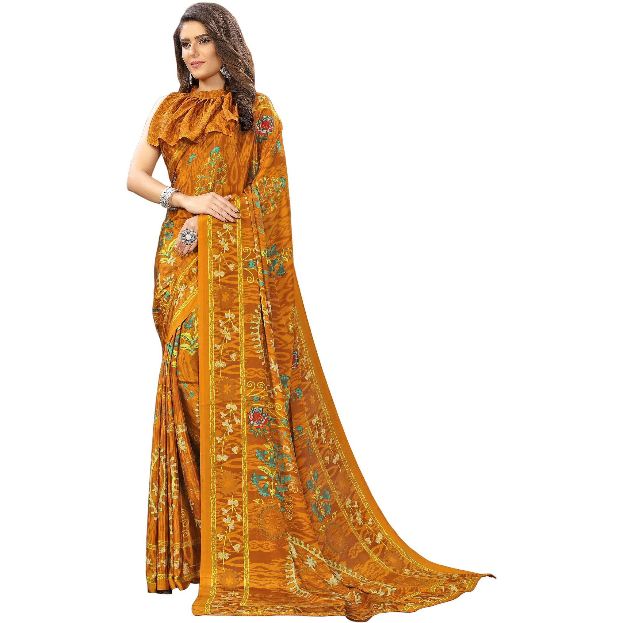 Jaanvi fashion Womens Crepe Silk Printed Saree With Blouse(ethnic-angle-8507-b,Mustard)