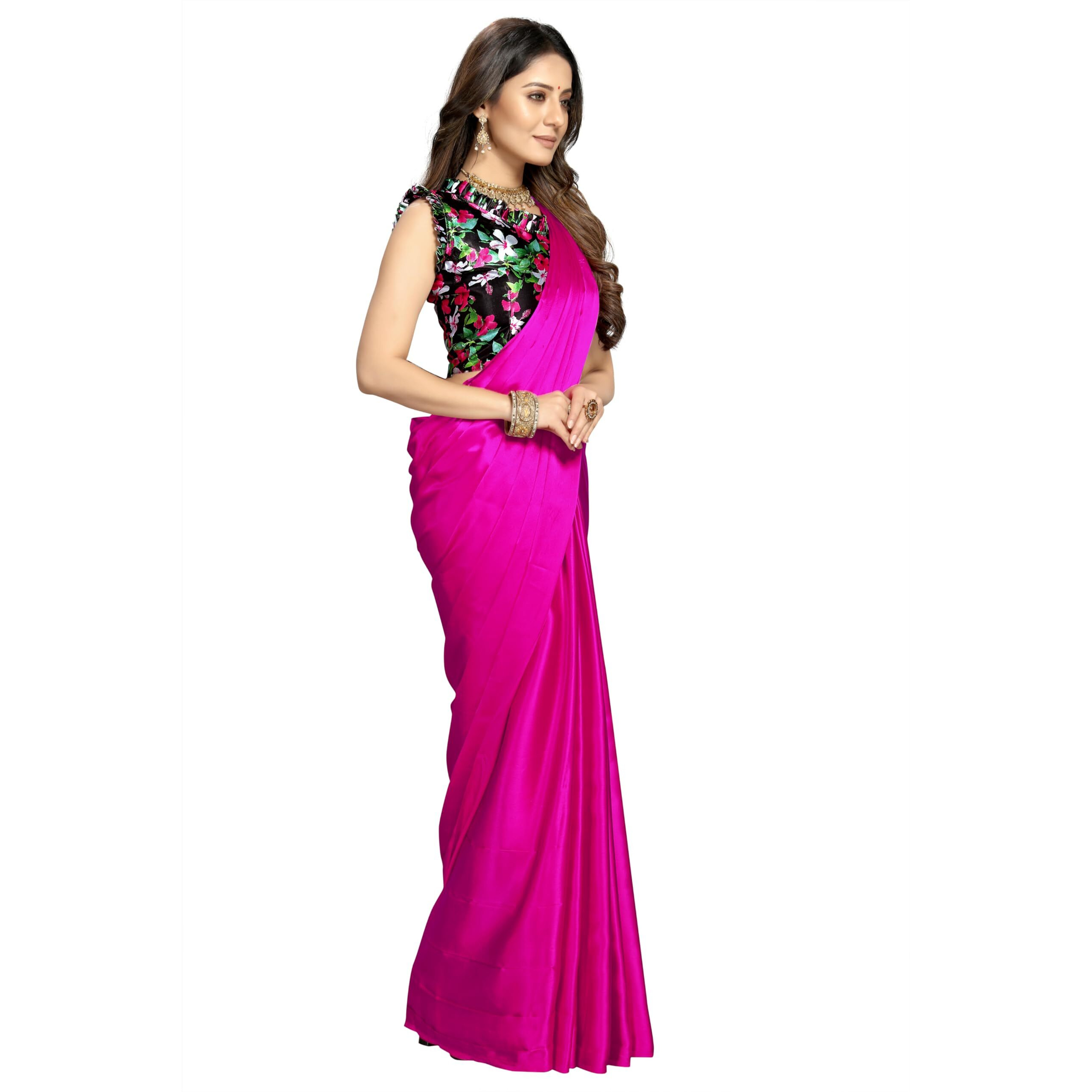 Kaugalian store Soft Satin Silk Saree for Girls and Women with Designer Digital Printed Blouse Piece - Rani