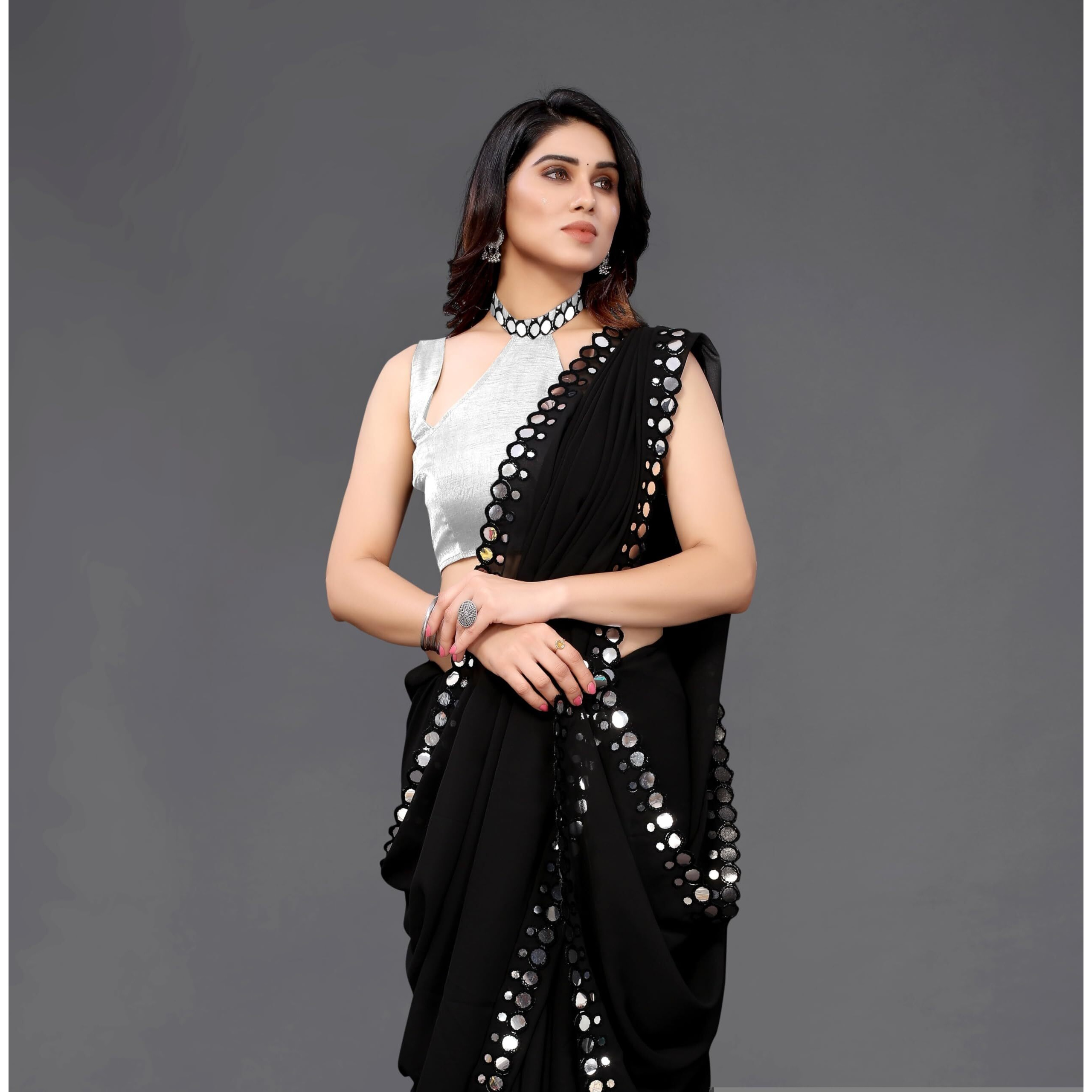 Regolith Designer Sarees for women s georgette ethnic wear for women with unstitched blouse piece (Black)