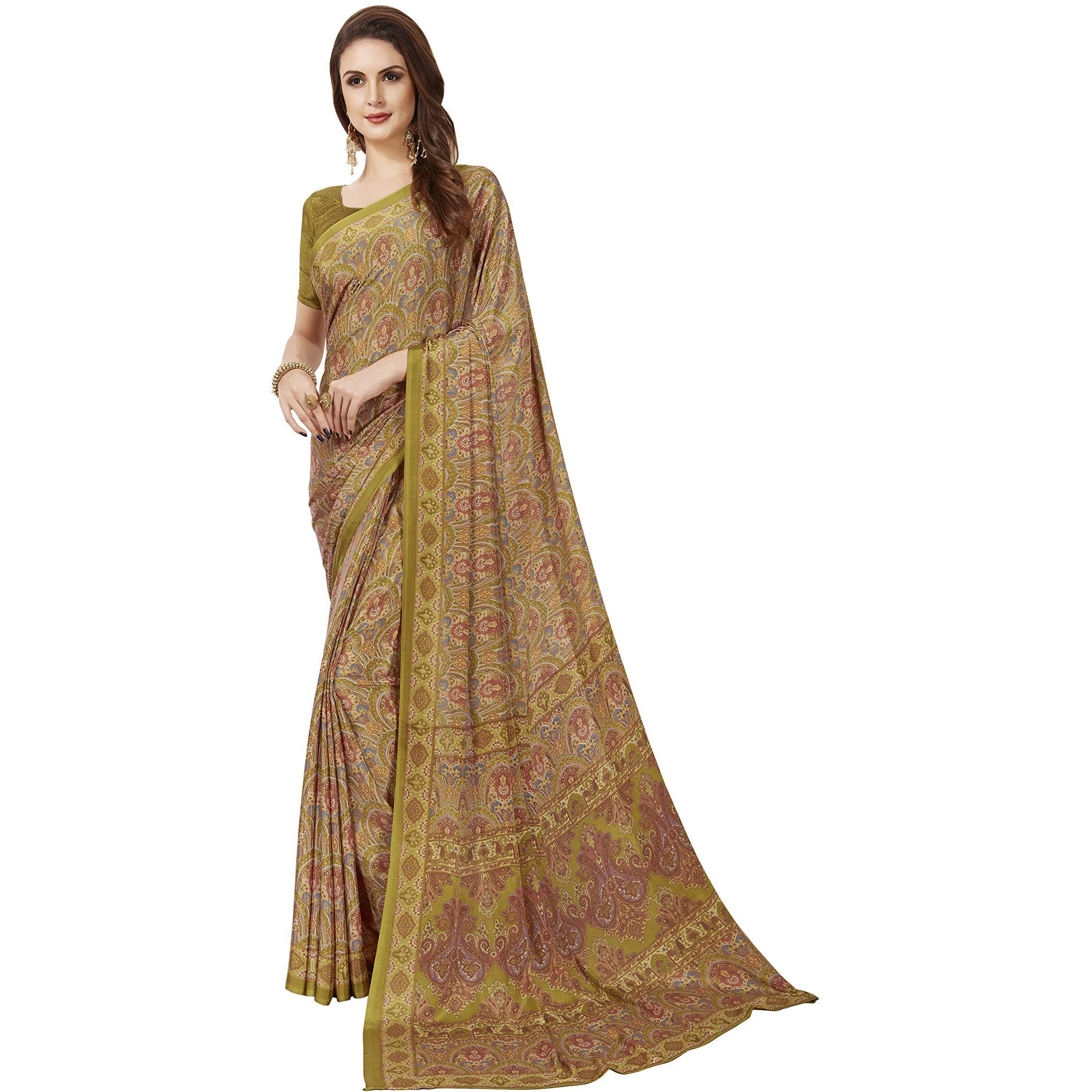 Jaanvi fashion Womens Crepe Silk Printed Saree With Blouse(fusion-8312-a,Mustard Yellow)