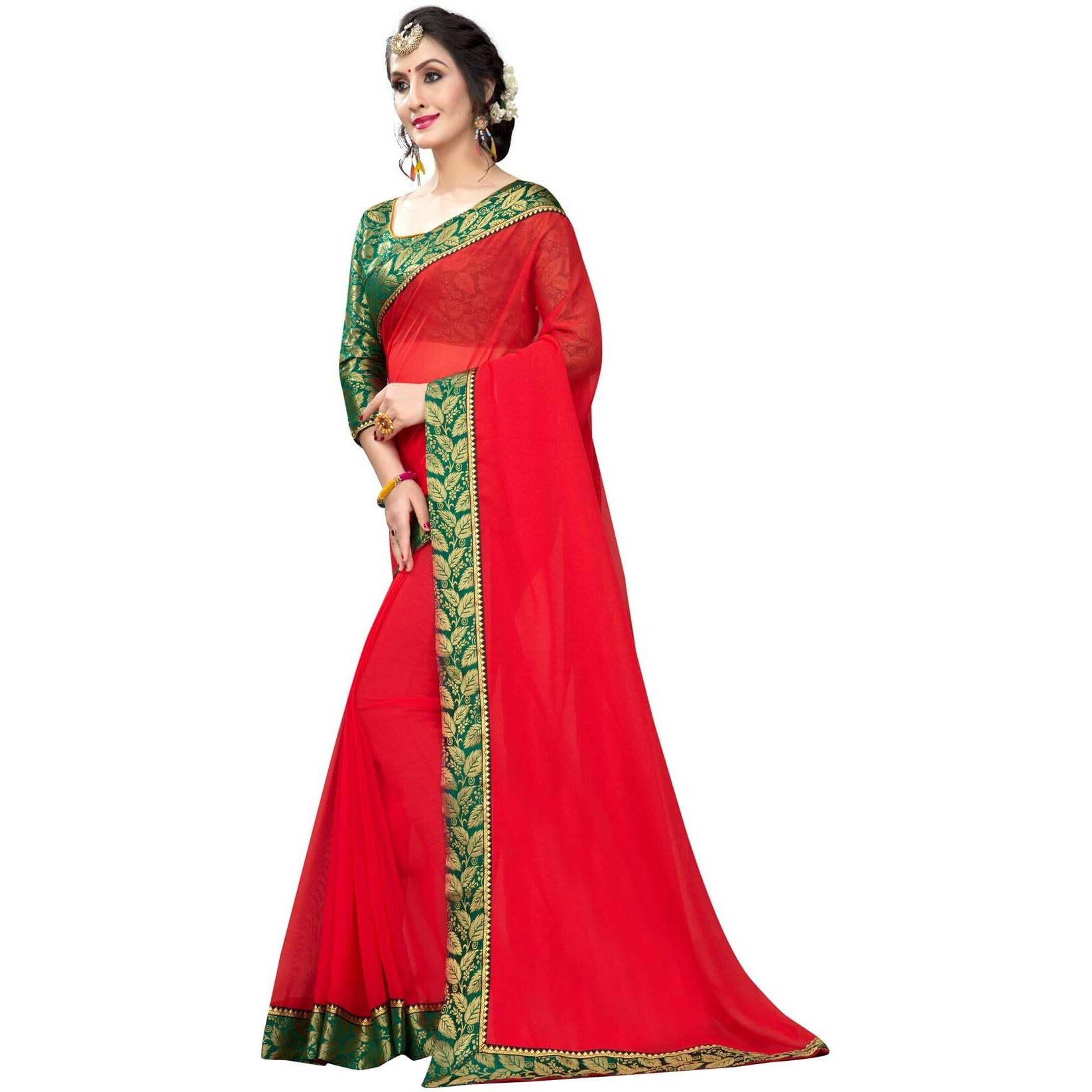 Online Bazaar Womens Jacquard Faux Georgette Saree With Unstitched Blouse Piece (2278_Red)