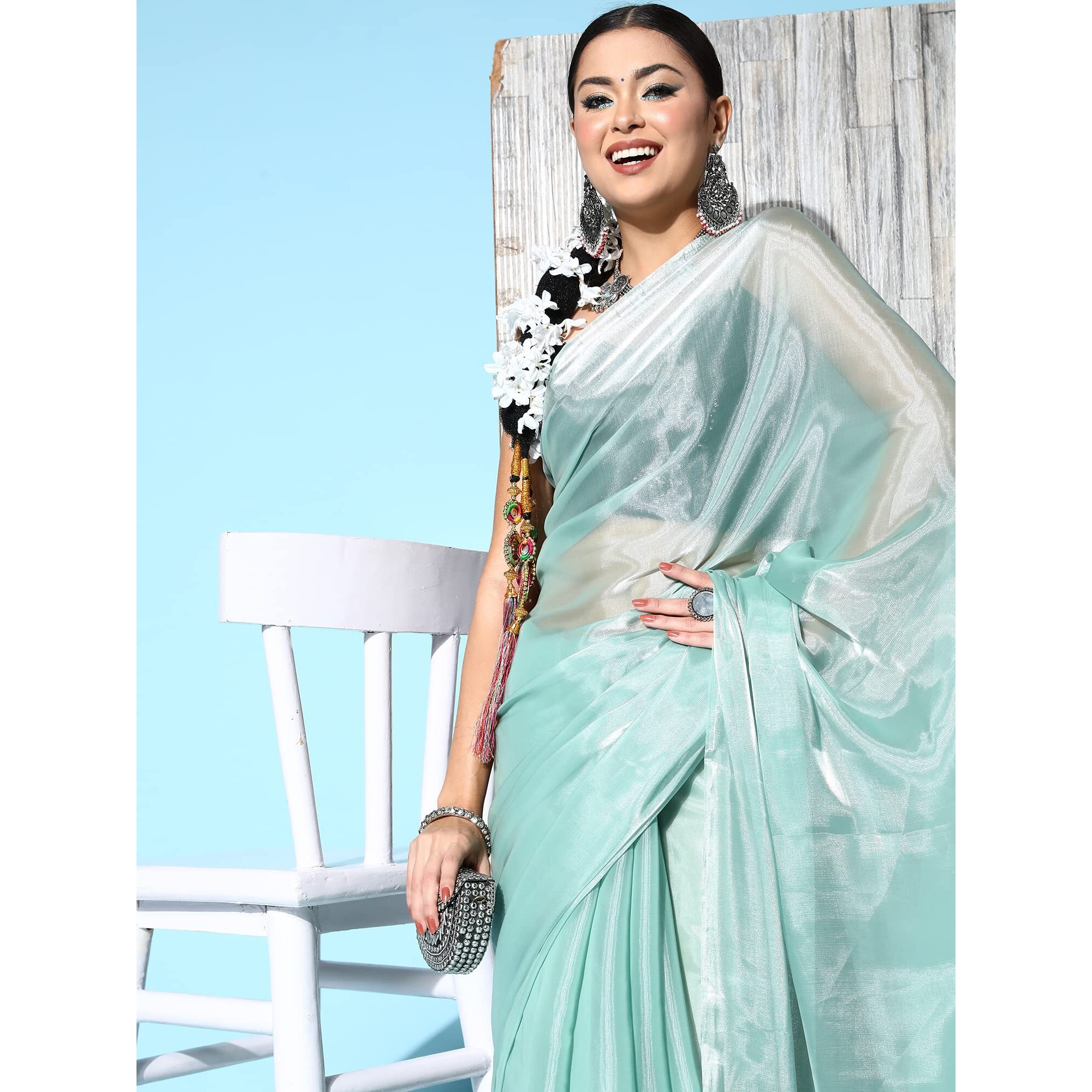 AKHILAM Womens Solid Organza Saree With Unstitched Blouse Piece (Sea Green_METLIC110)