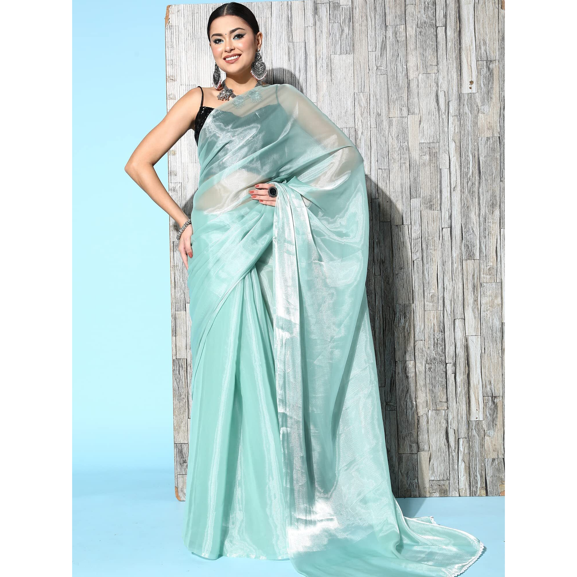 AKHILAM Womens Solid Organza Saree With Unstitched Blouse Piece (Sea Green_METLIC110)
