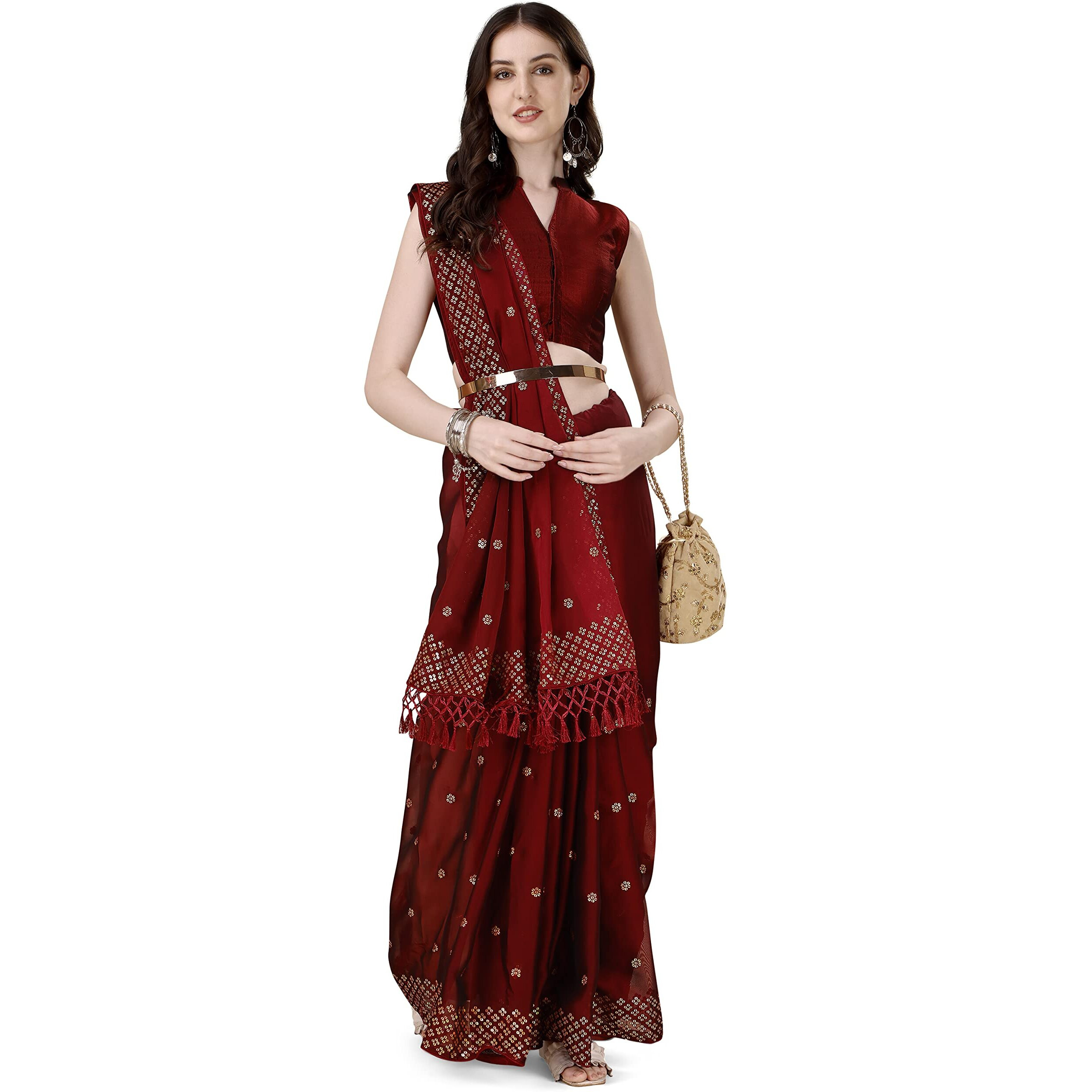 Pratham Blue Womens Sequins Silk Fancy Saree for women With Blouse Piece (PB-384_Red)