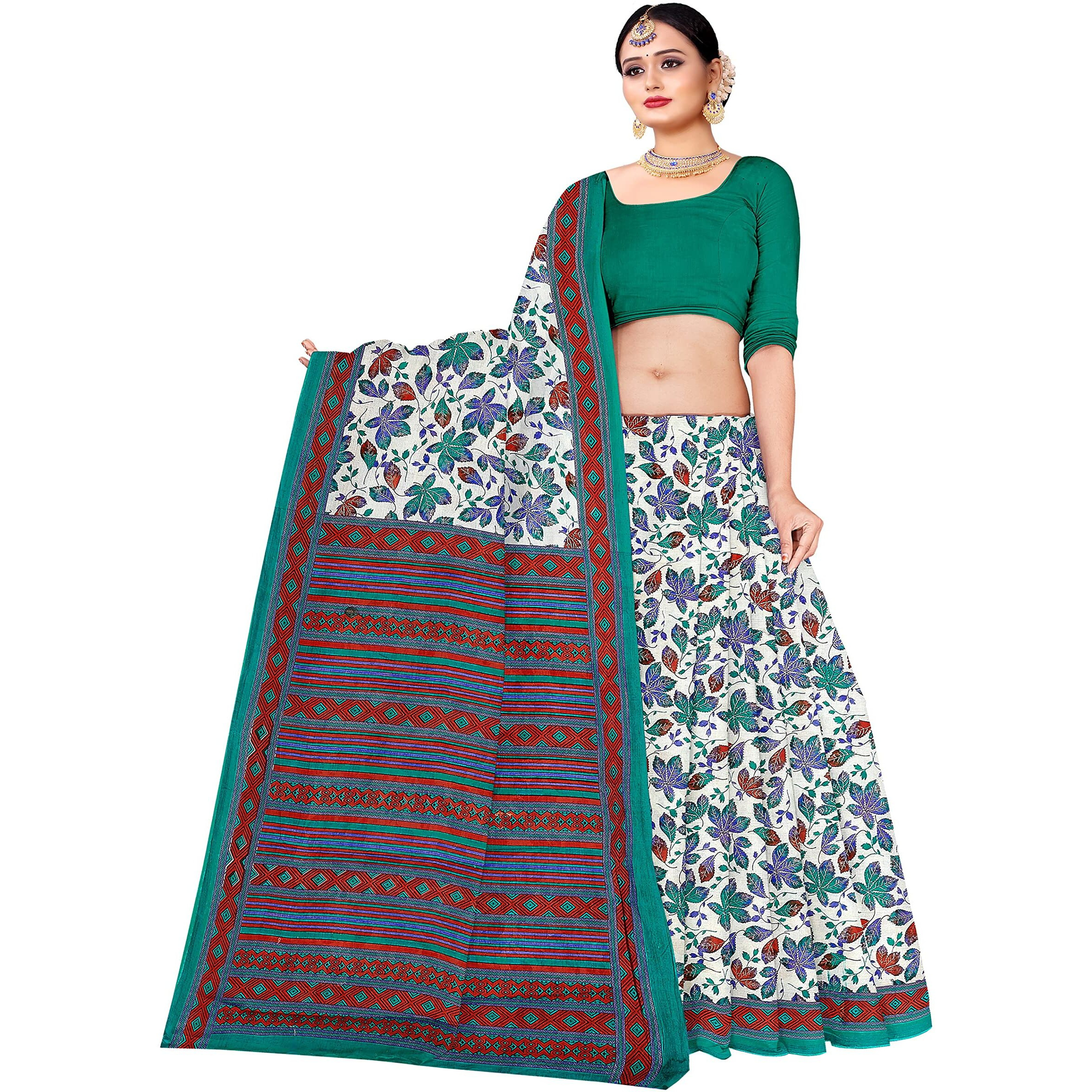 TAMAIRA FASHION Womens Plain Weave Pure Cotton Saree Without Blouse Piece(AB28_Seagreen)