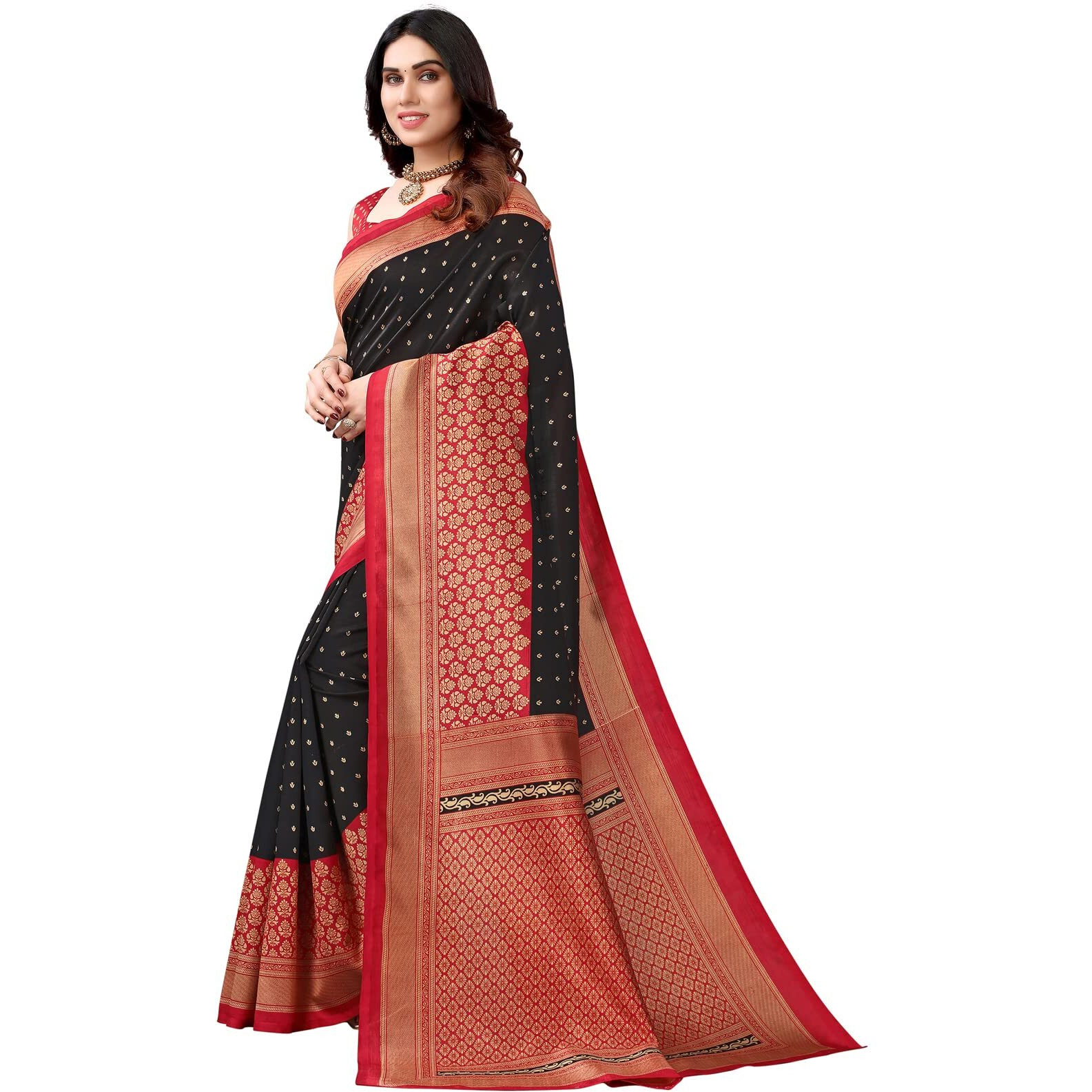 SICHI WomenS Printed Poly Silk Saree With Unstitched Blouse Piece(2535S932N_Black & Red)