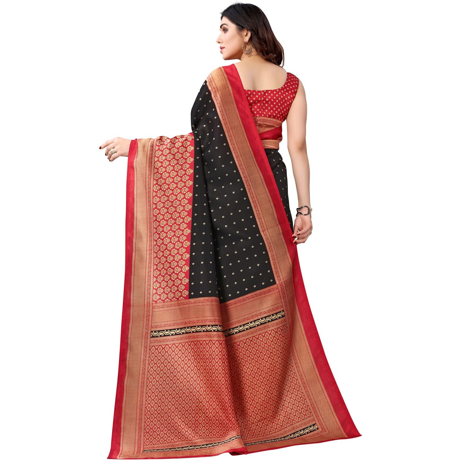 SICHI WomenS Printed Poly Silk Saree With Unstitched Blouse Piece(2535S932N_Black & Red)