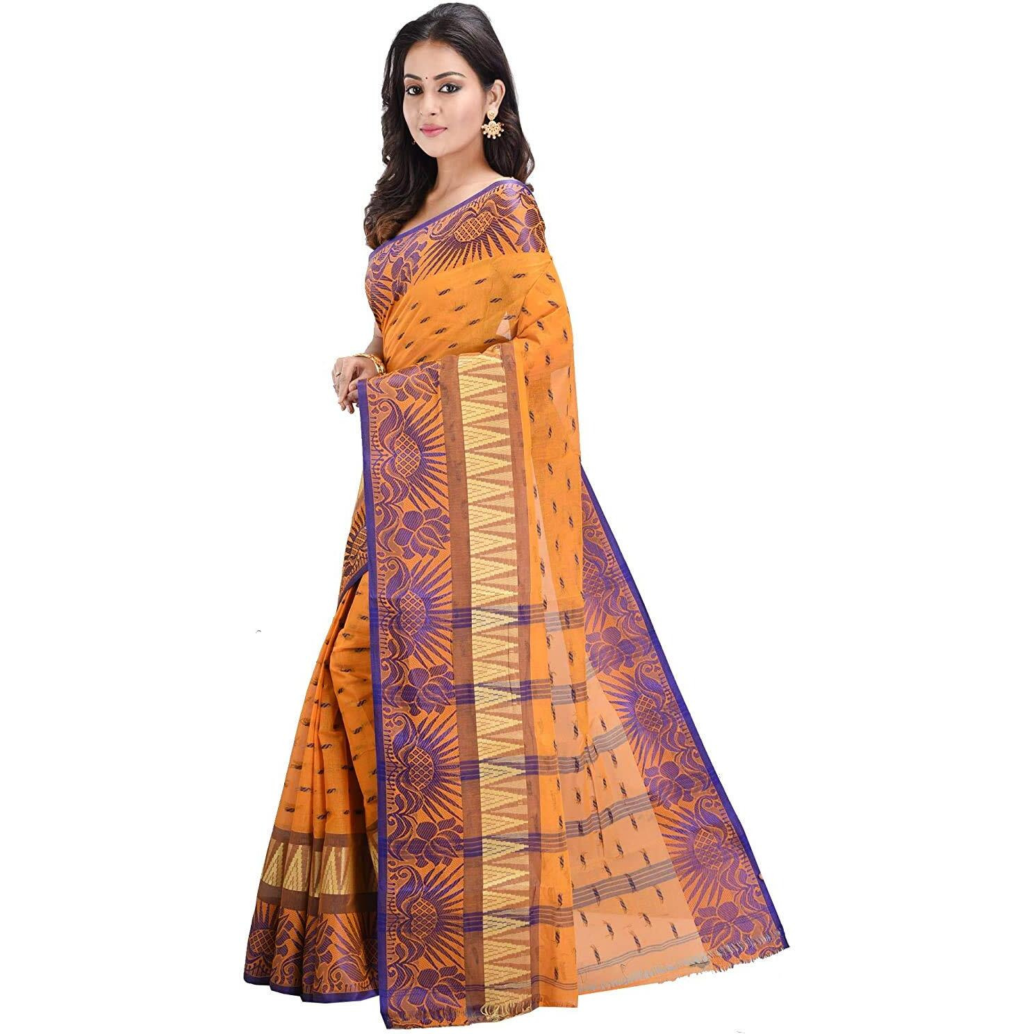 RAJ SAREE HOUSE Womens Traditional Pure Cotton Bengali Handloom Tant Saree without Blouse Piece - (Mustard)