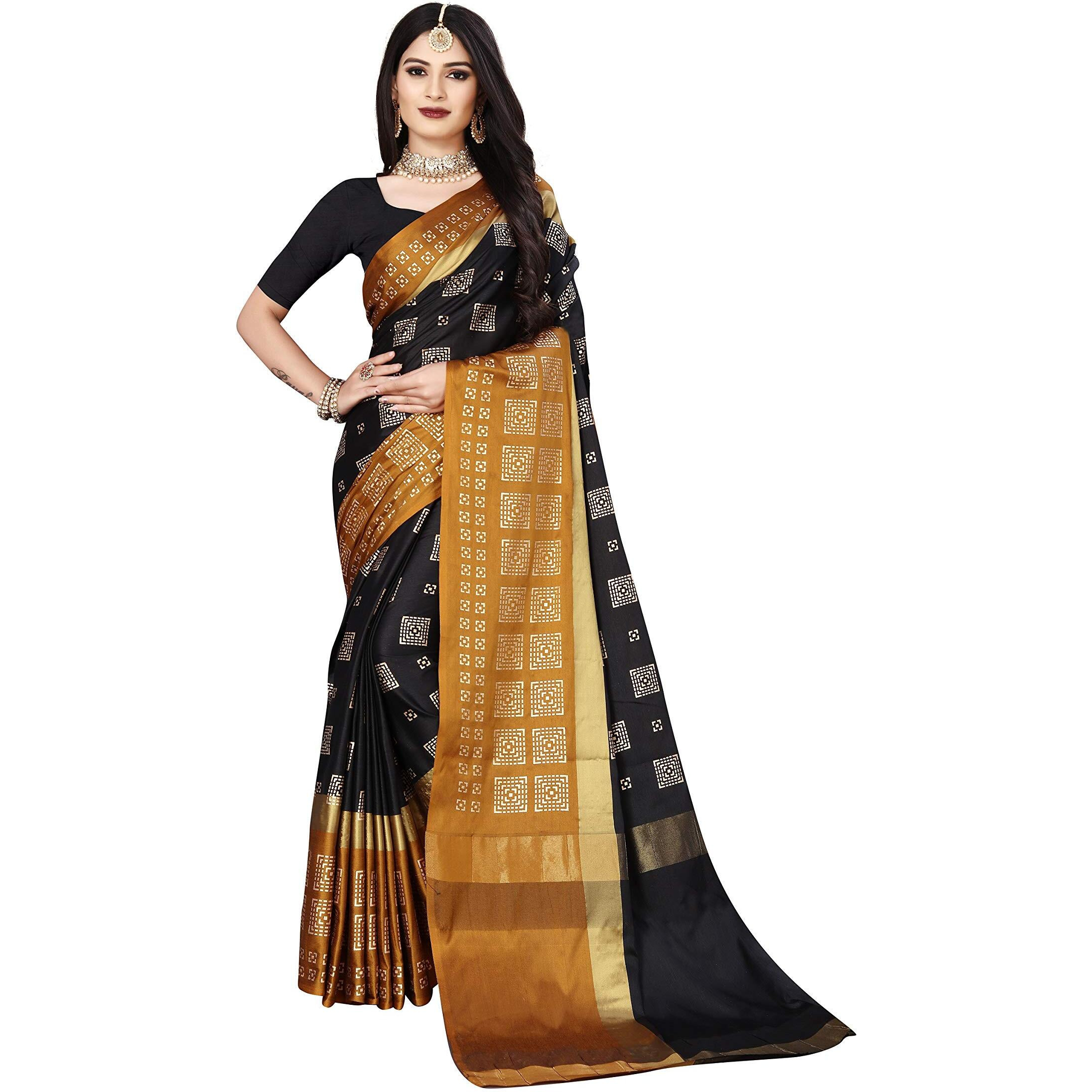 OM SAI LATEST CREATION Soft Cotton & Silk Saree For Women Half Sarees Under 349 2020 Beautiful For Women saree free size with blouse piece (Black-Chikku)