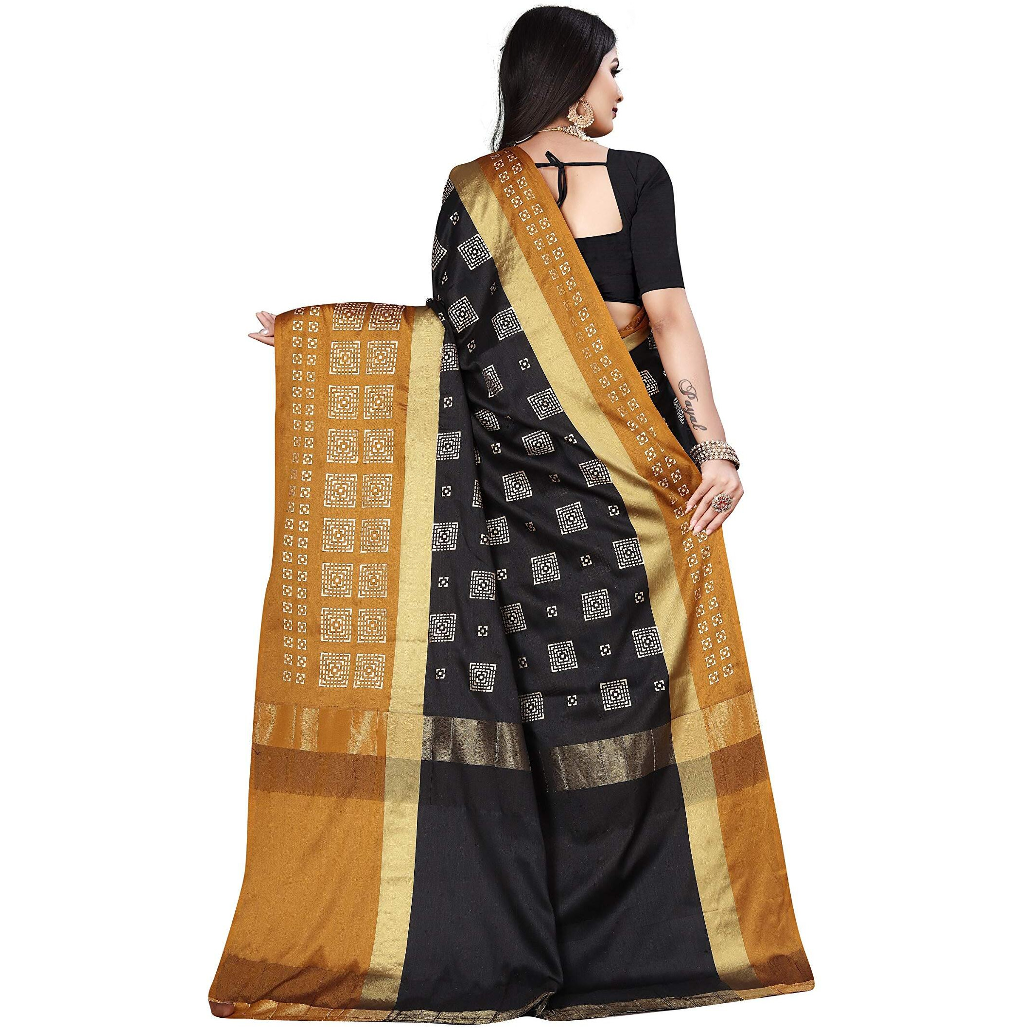 OM SAI LATEST CREATION Soft Cotton & Silk Saree For Women Half Sarees Under 349 2020 Beautiful For Women saree free size with blouse piece (Black-Chikku)