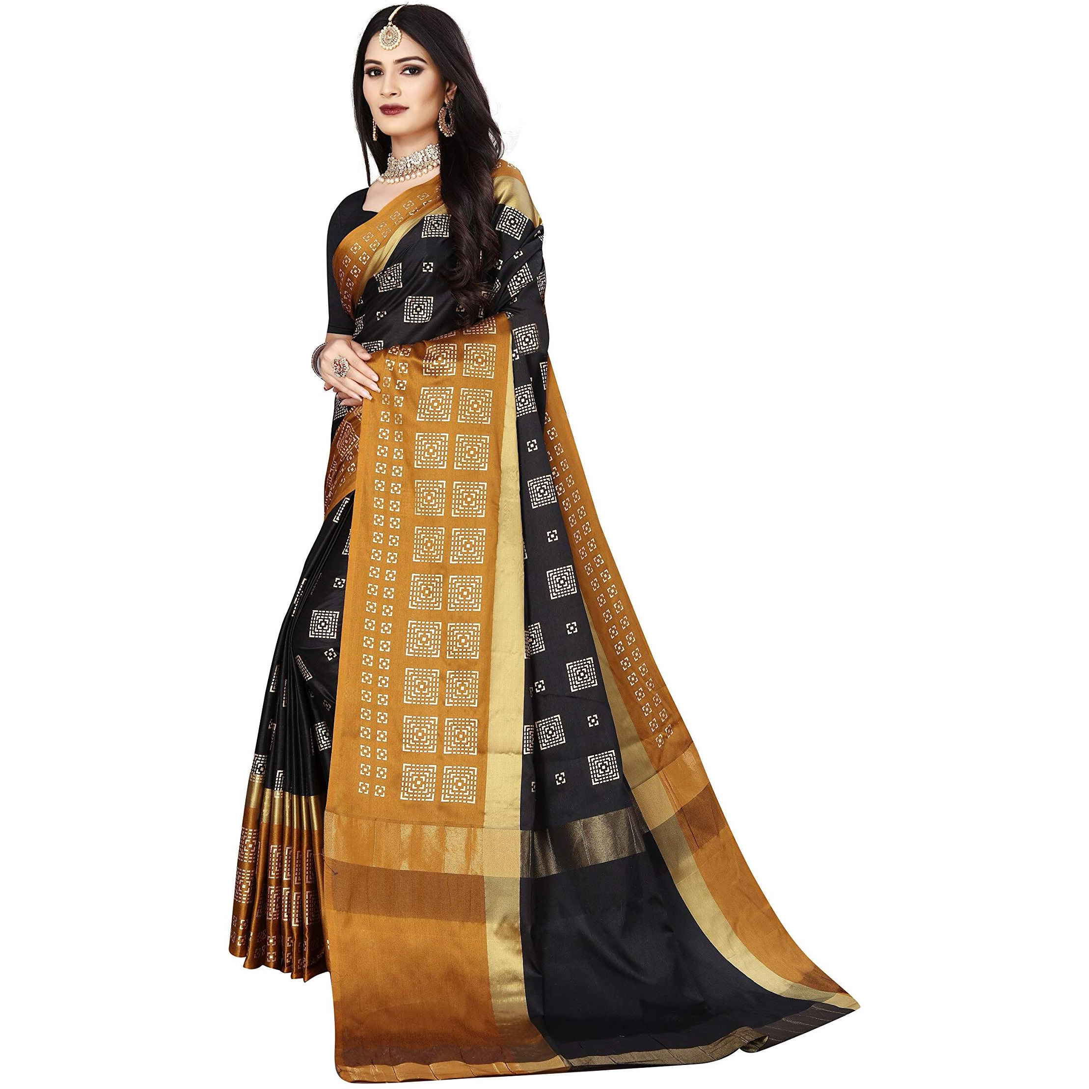 OM SAI LATEST CREATION Soft Cotton & Silk Saree For Women Half Sarees Under 349 2020 Beautiful For Women saree free size with blouse piece (Black-Chikku)