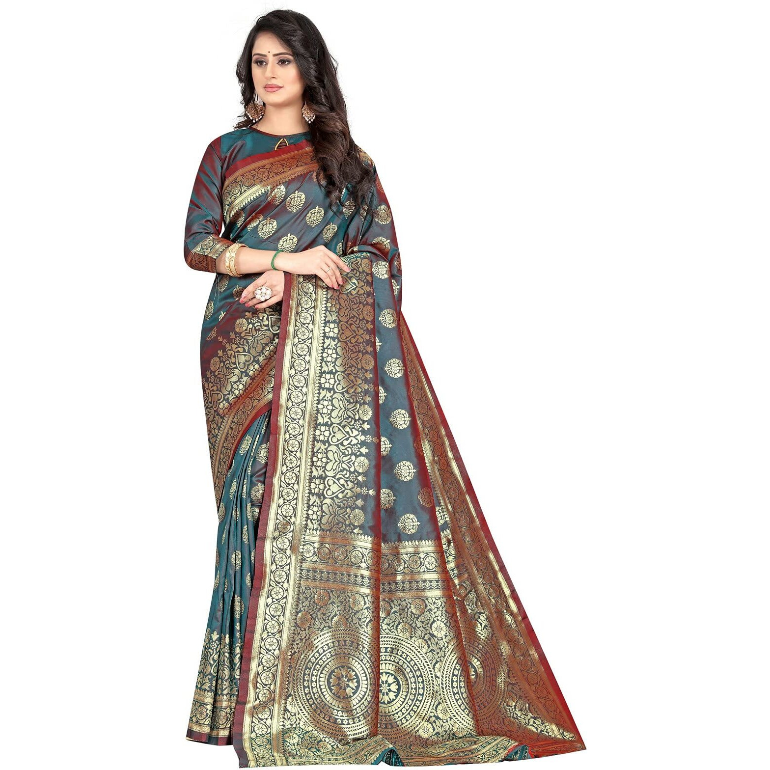 Sugathari Womens Banarasi Saree Pure Kanjivaram Silk Saree Soft new ladies 2023 Design Wear Pattu Sarees Latest Cotton Party Sari collections With Blouse Piece for Wedding sadi (PARI S-2 RAMA)