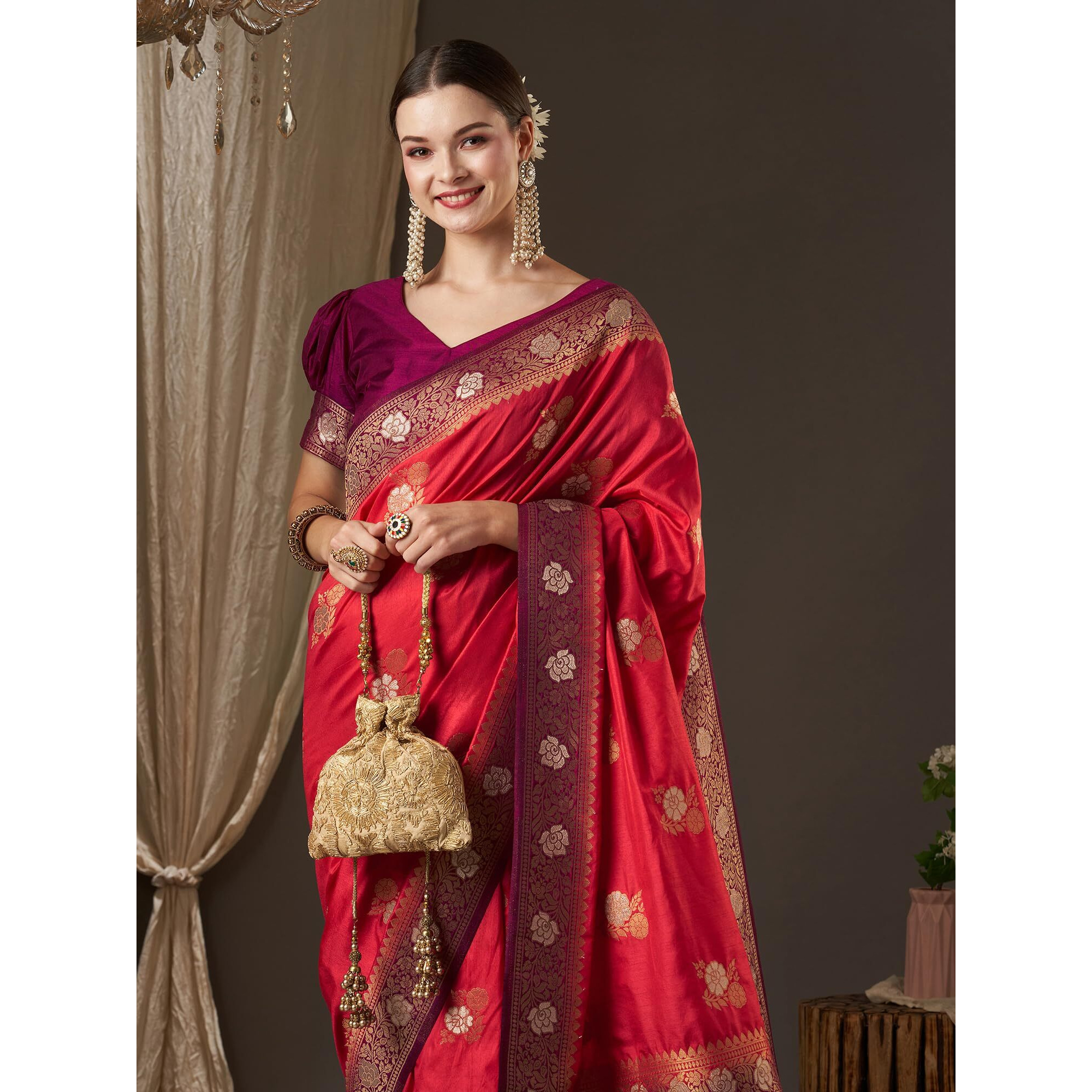AKHILAM Womens Floral Tassels and Latkans Zari Work Banarasi Silk Saree With Unstiched Blouse Piece Saree (Pink_SHREEJI1004_ST)