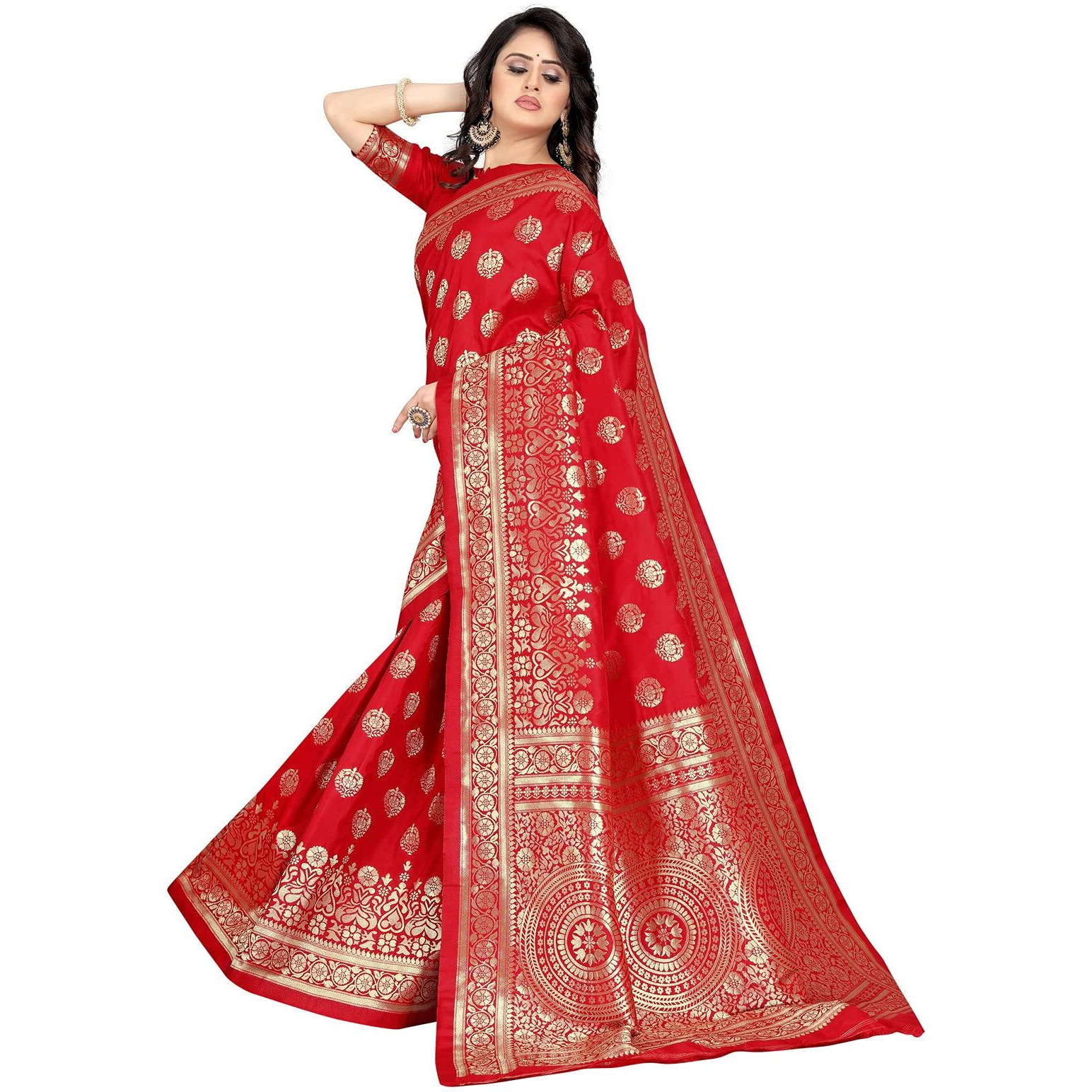 Sugathari Womens Banarasi Saree Pure Kanjivaram Silk Saree Soft new ladies 2023 Design Wear Pattu Sarees Latest Cotton Party Sari collections With Blouse Piece for Wedding sadi (PARI S-2 RED)