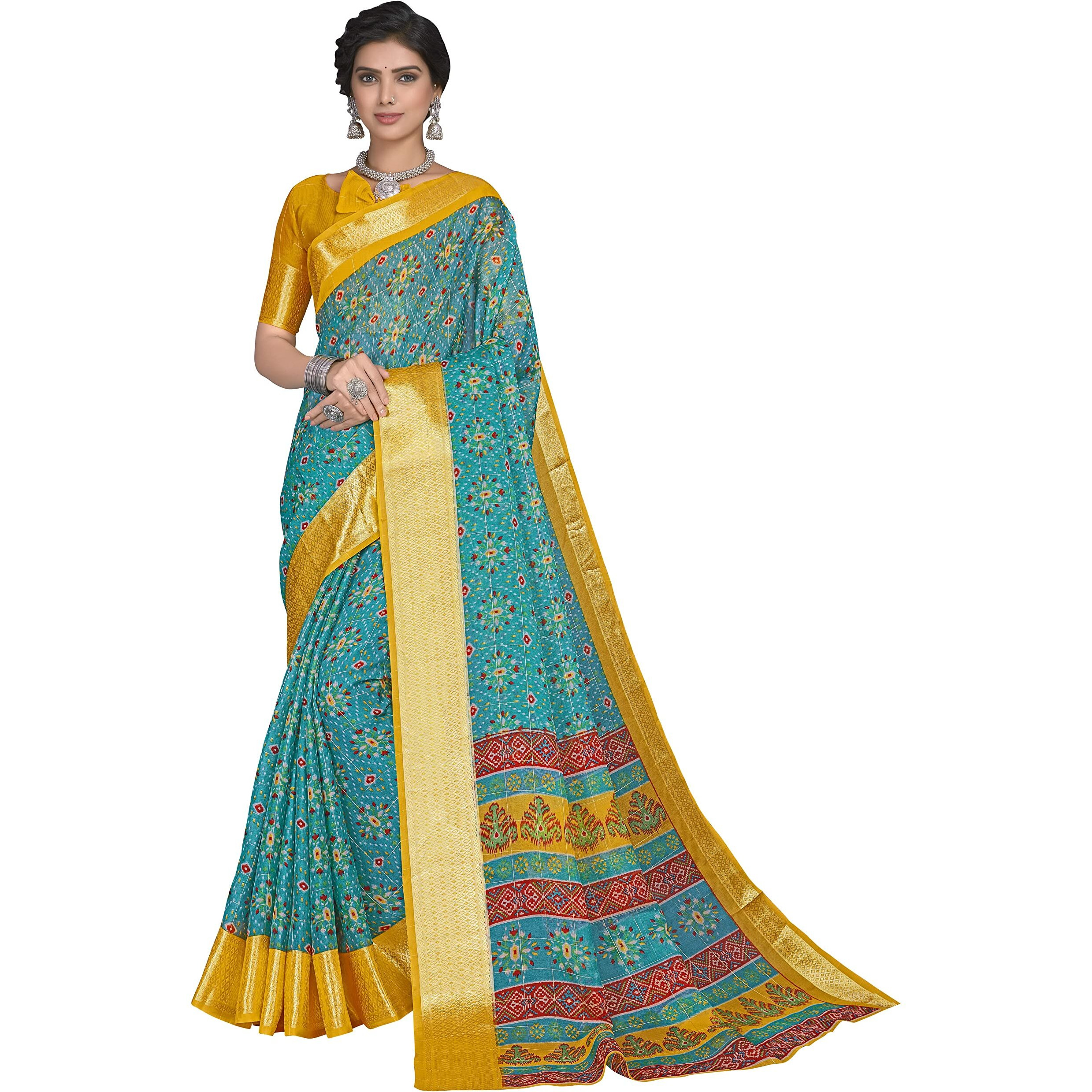 Glory Sarees Womens Organza Bandhani Saree With Blouse Piece (Organza101_Firozi)