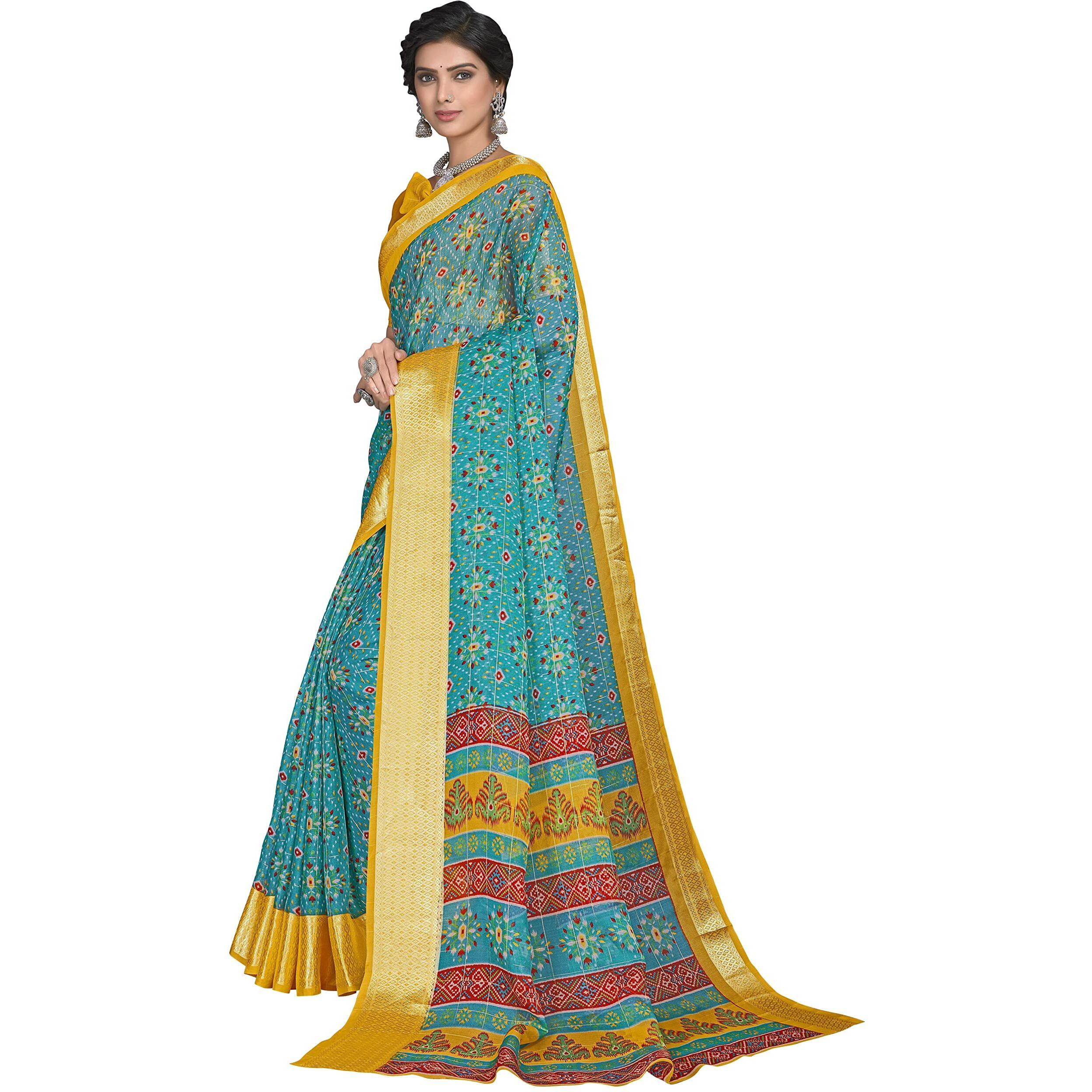 Glory Sarees Womens Organza Bandhani Saree With Blouse Piece (Organza101_Firozi)
