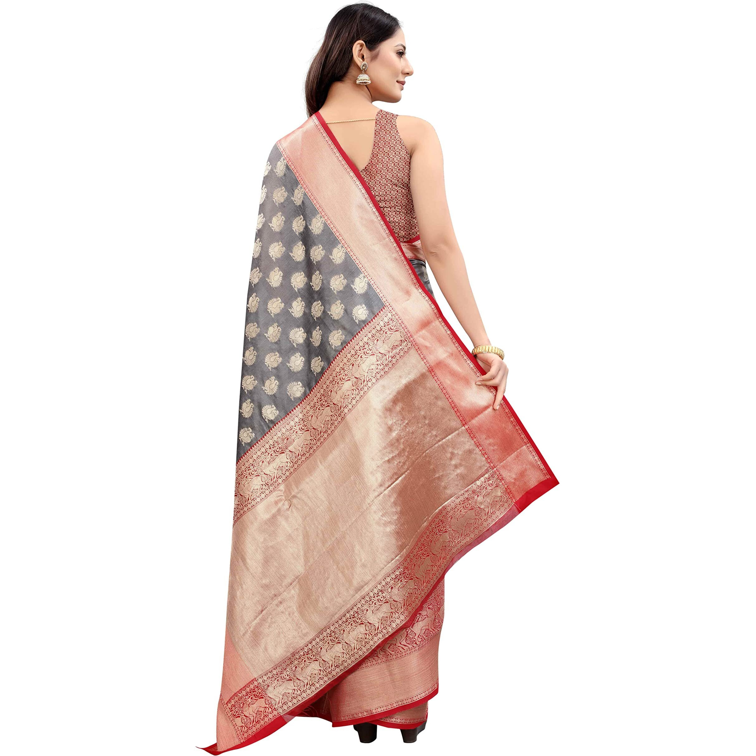 Enthone Womens Heavy Banarasi Art Silk Saree With Unstitched Blouse Piece(Grey)