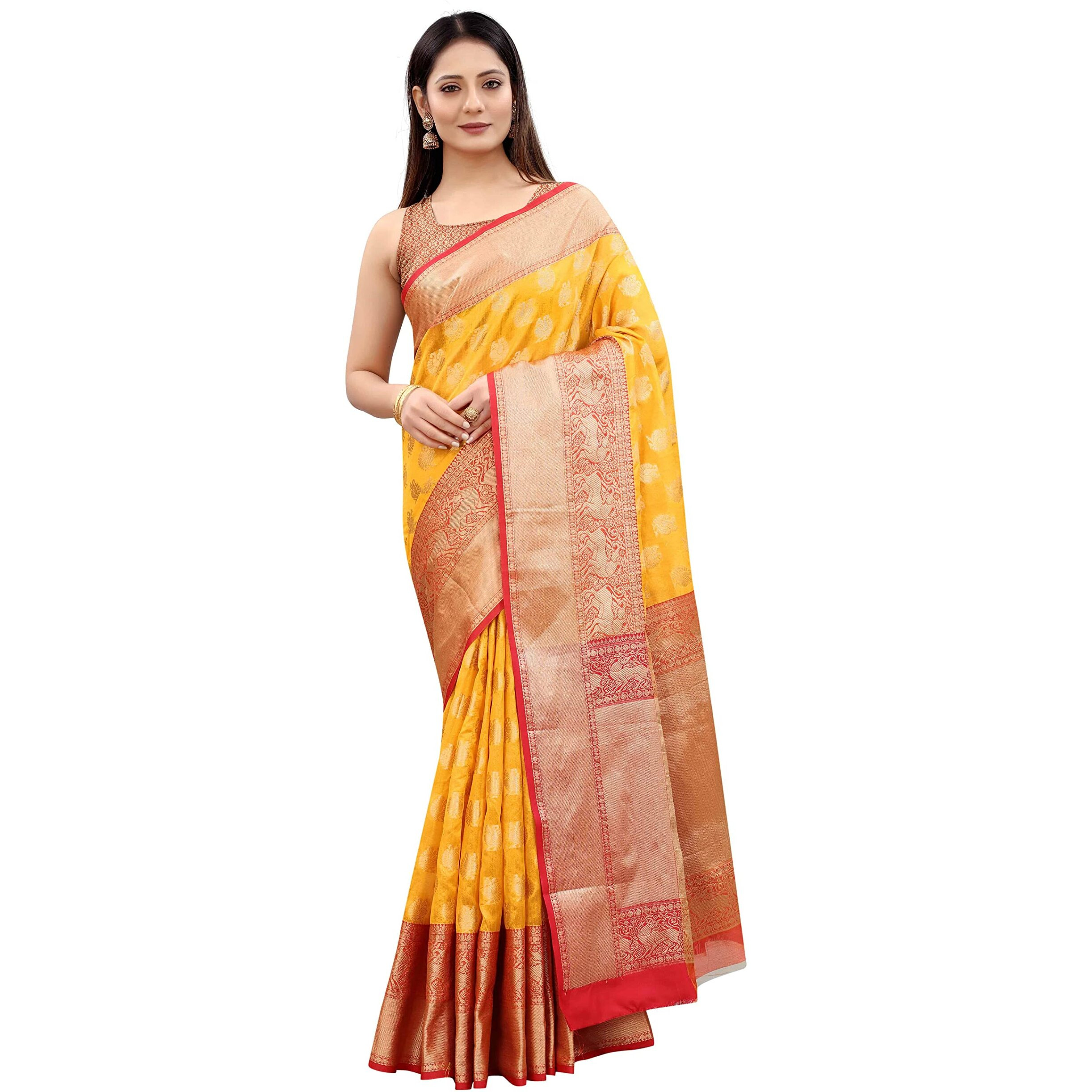 Enthone Womens Heavy Banarasi Art Silk Saree With Unstitched Blouse Piece(Yellow)