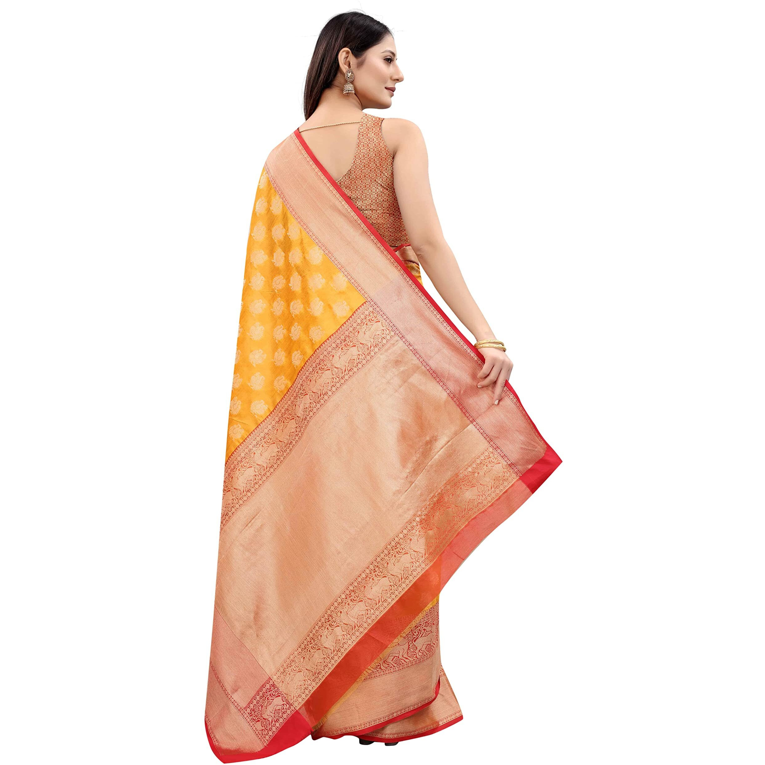 Enthone Womens Heavy Banarasi Art Silk Saree With Unstitched Blouse Piece(Yellow)
