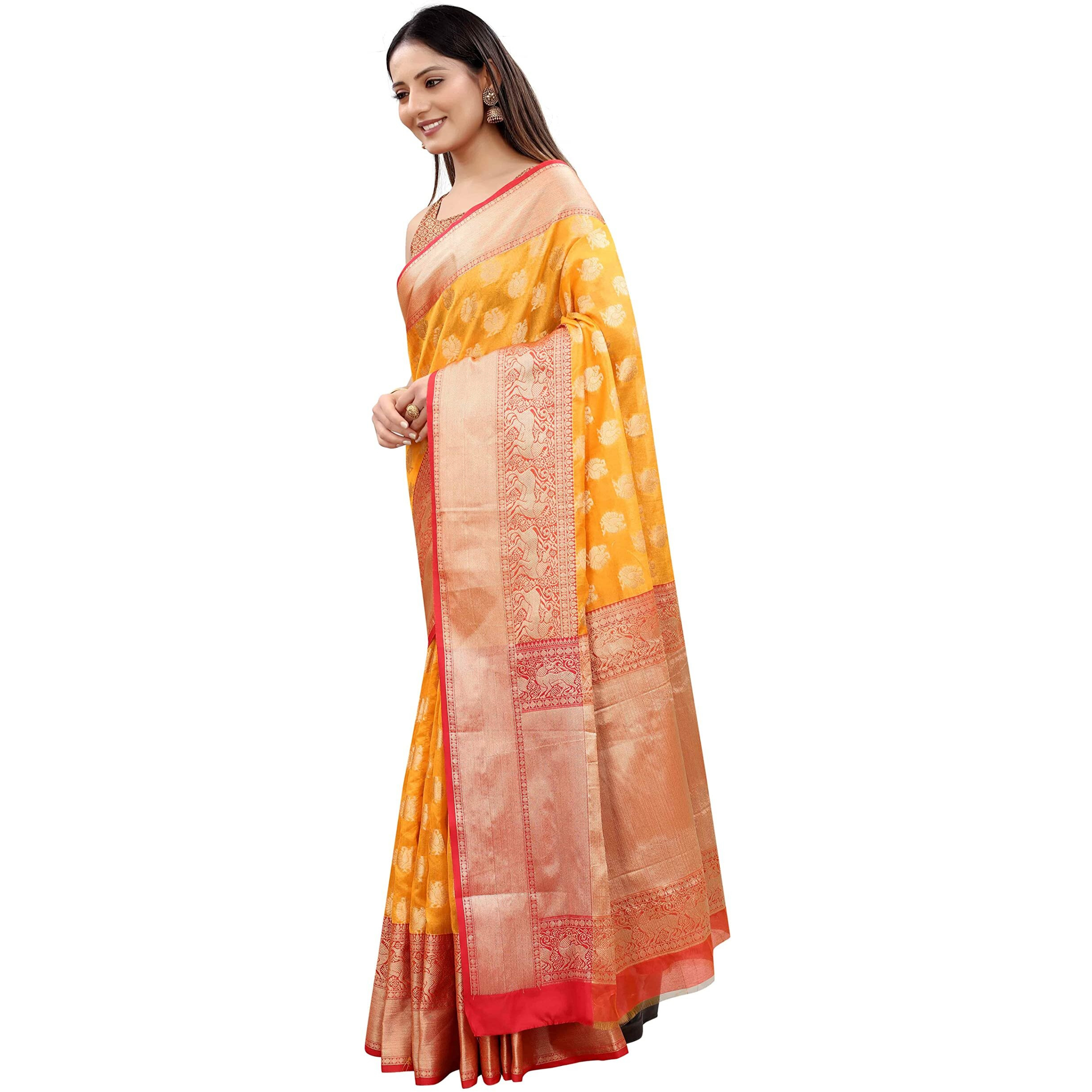 Enthone Womens Heavy Banarasi Art Silk Saree With Unstitched Blouse Piece(Yellow)
