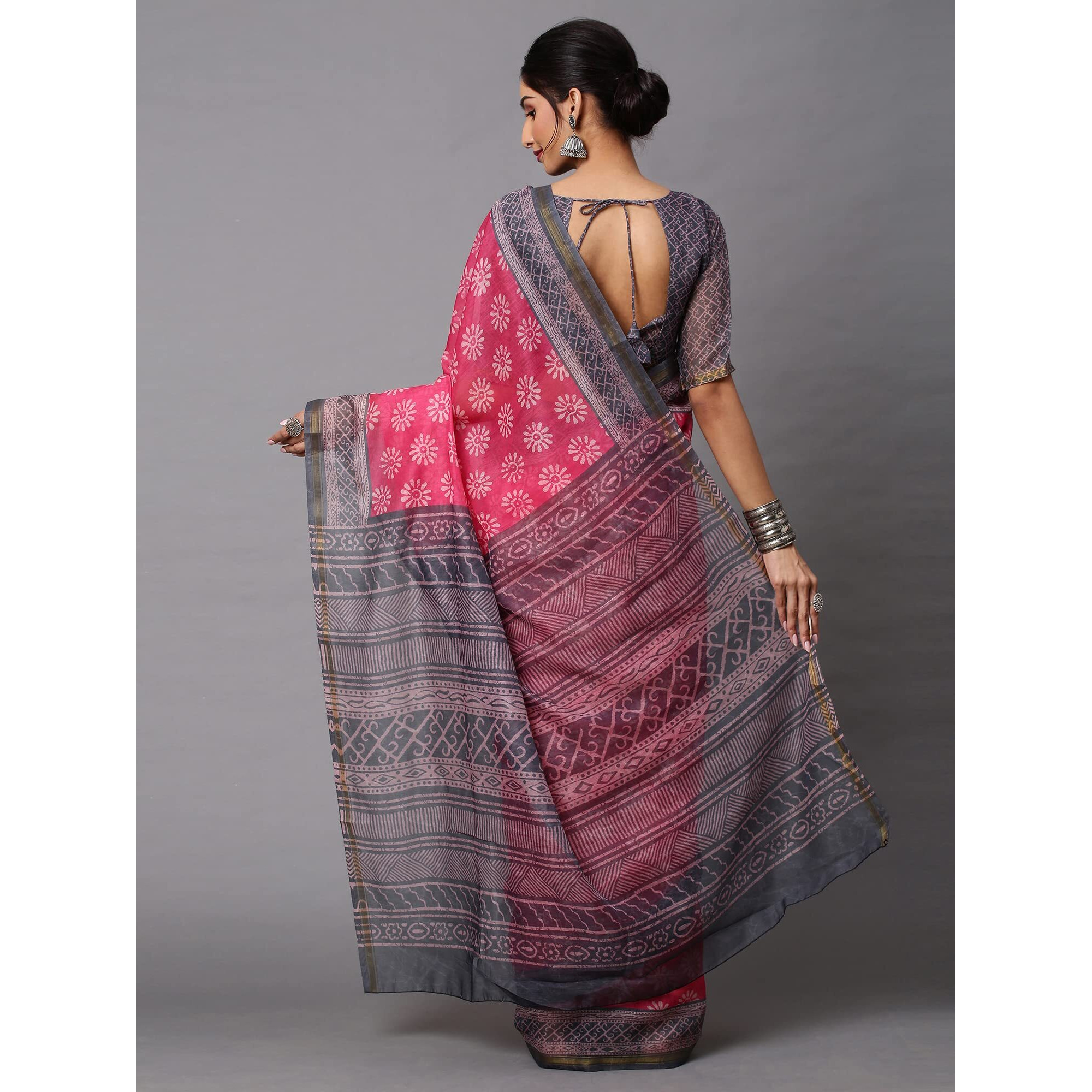AKHILAM Womens Linen Floral Print Khes Saree with Unstitched Blouse Piece (Pink_BATIQ206)