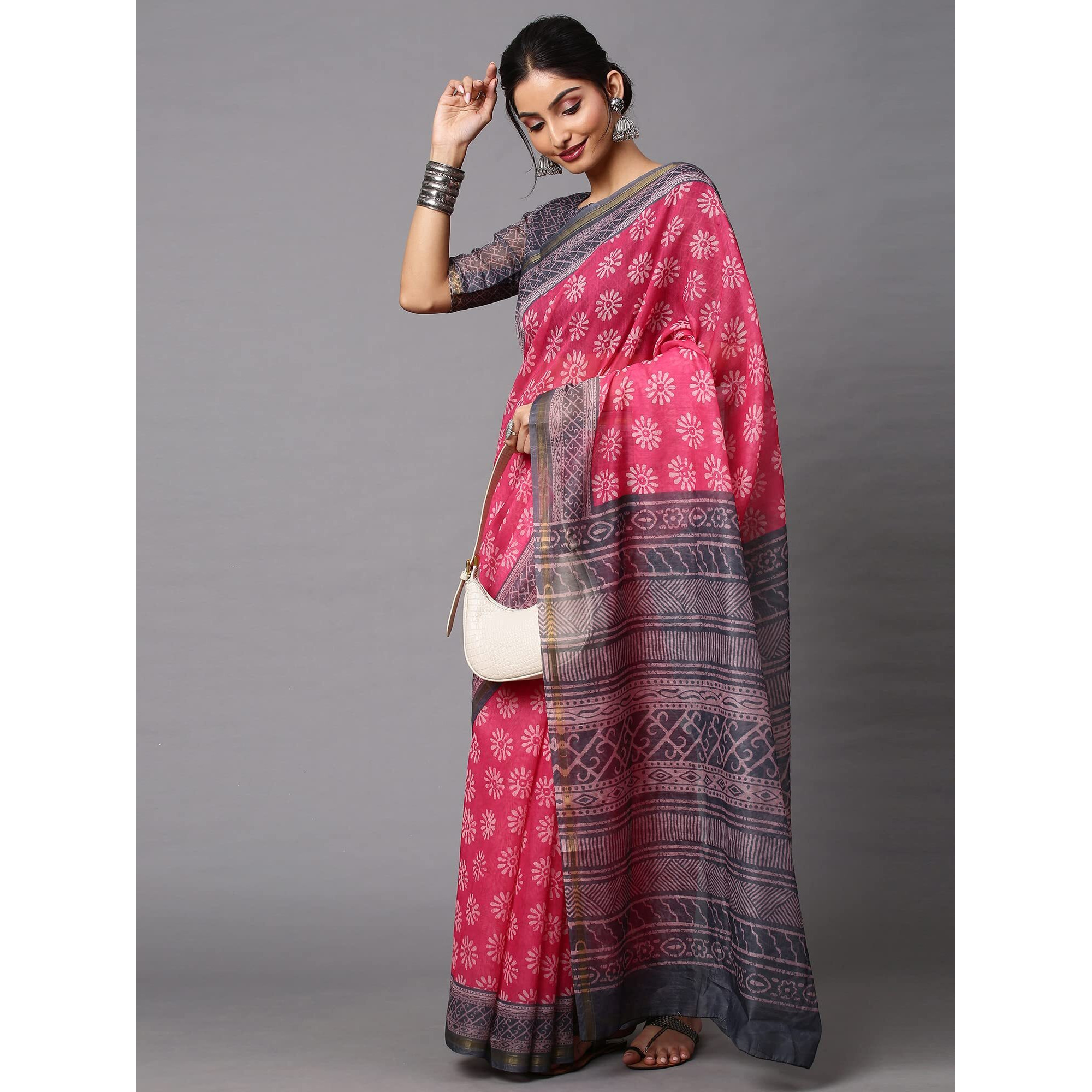 AKHILAM Womens Linen Floral Print Khes Saree with Unstitched Blouse Piece (Pink_BATIQ206)