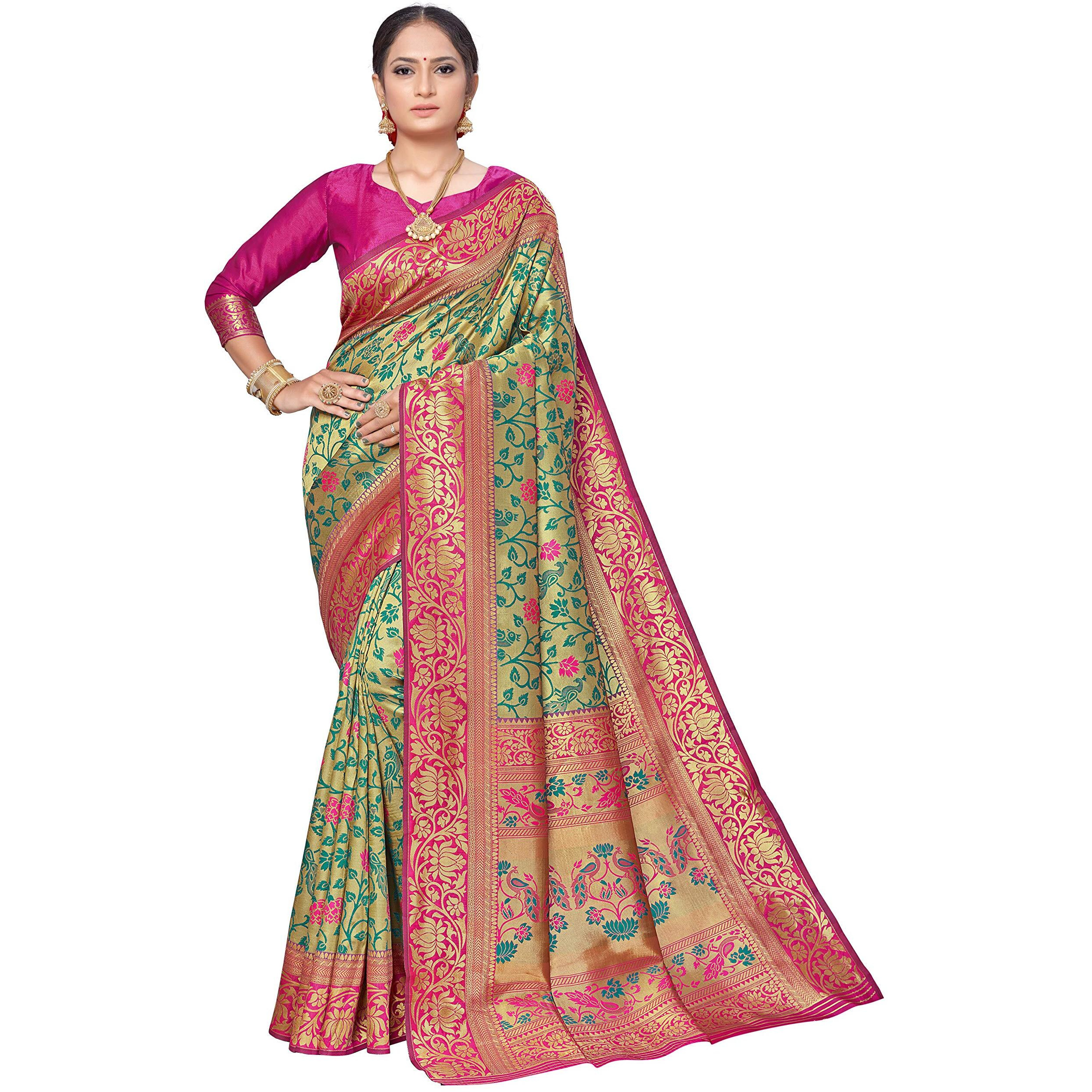 AKHILAM Womens Silk Blend Banarasi Saree with Unstitched Blouse Piece(Green & Pink_VPRWT7405)