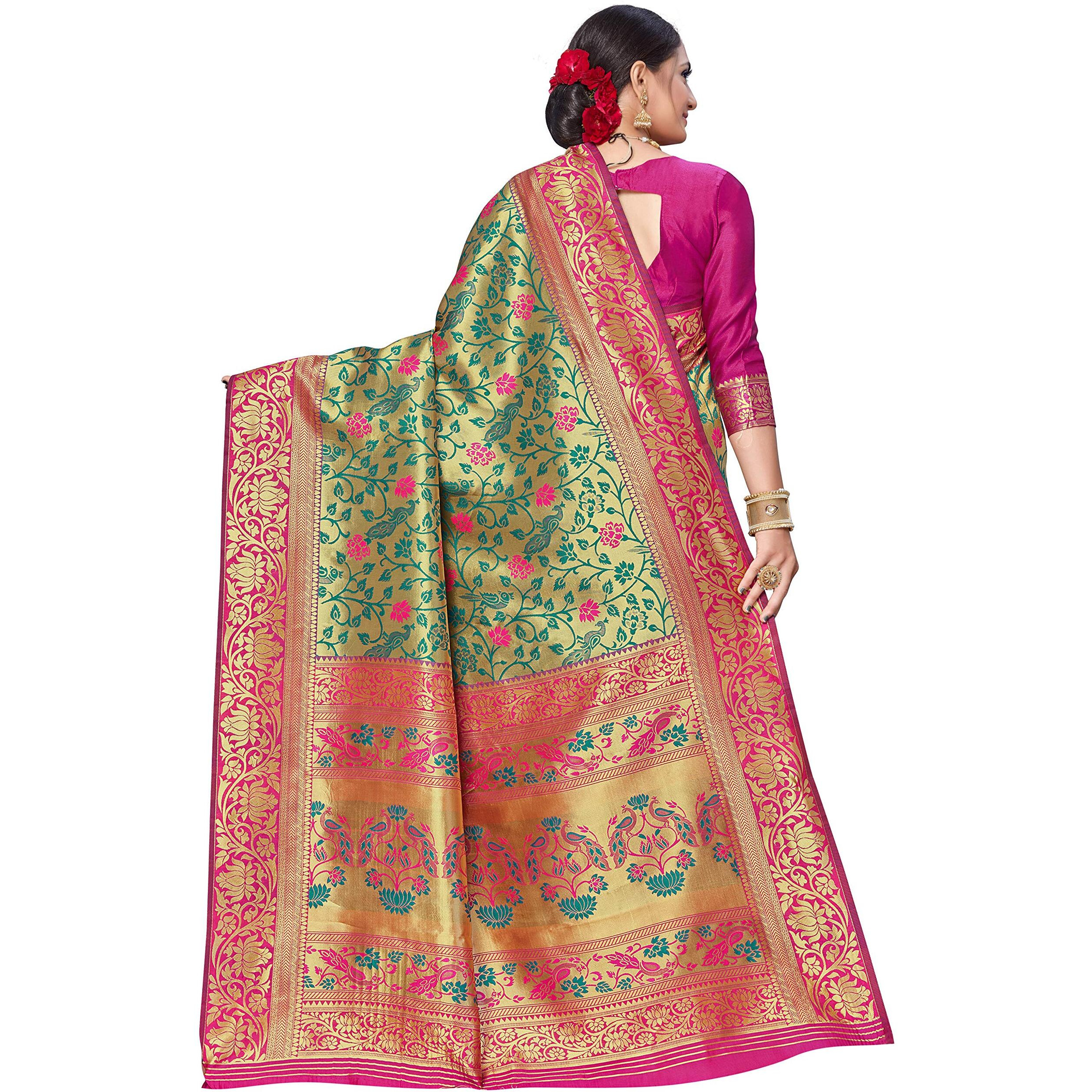 AKHILAM Womens Silk Blend Banarasi Saree with Unstitched Blouse Piece(Green & Pink_VPRWT7405)