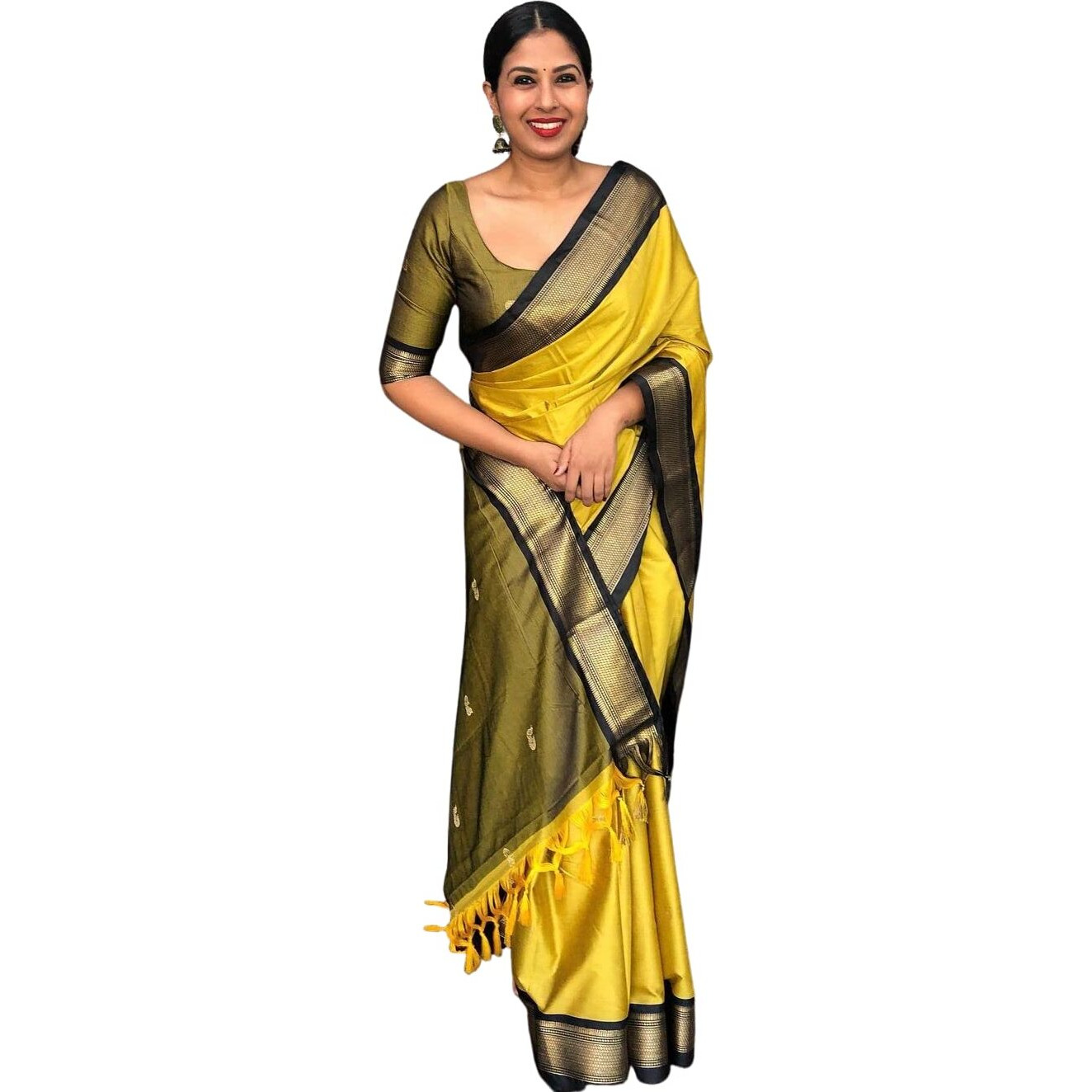 SGF11 Womens Kanjivaram Soft Lichi Silk Saree With Blouse Piece (Yellow 0886)