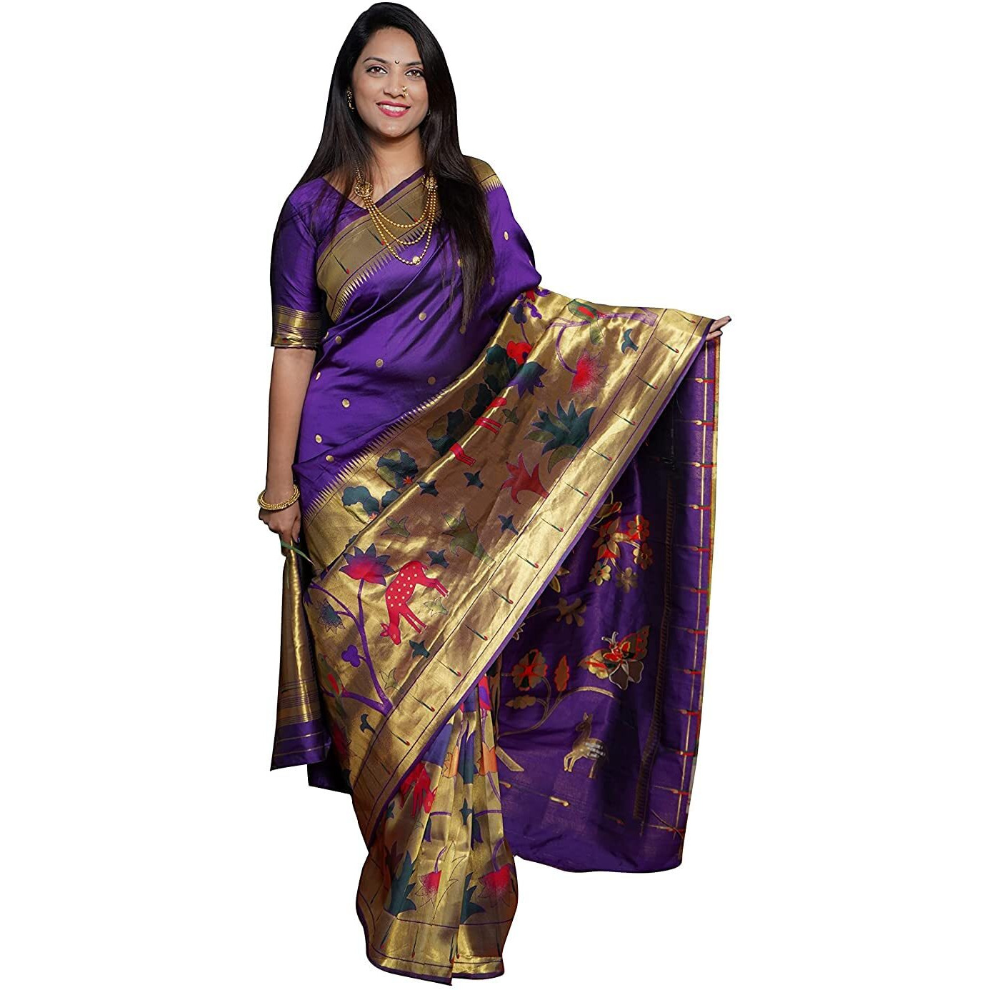SGF11Womens Paithani Kanjivaram Pure Soft Silk Handloom Saree Pure Golden Zari With Blouse Piece (Violet)