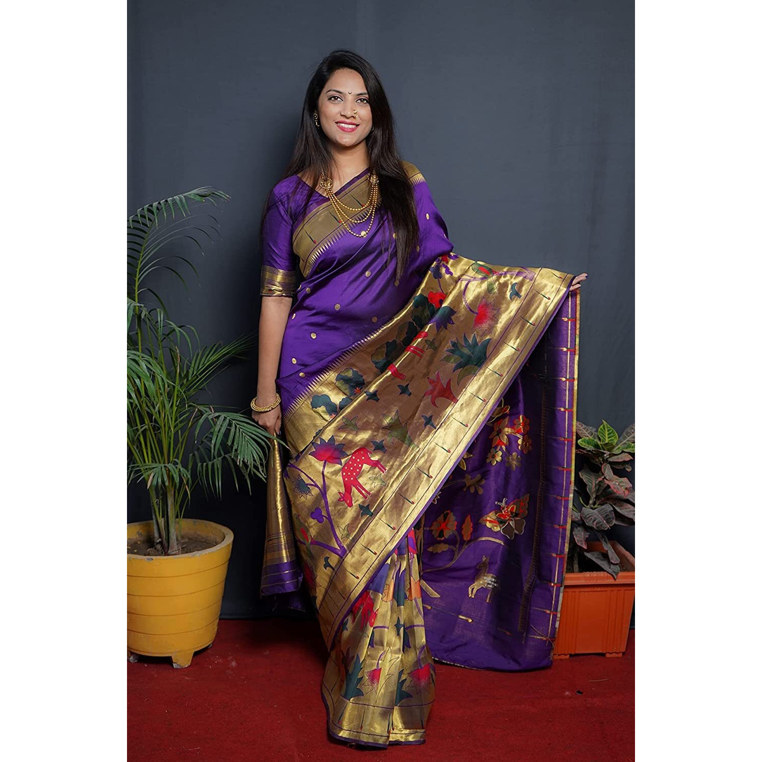 SGF11Womens Paithani Kanjivaram Pure Soft Silk Handloom Saree Pure Golden Zari With Blouse Piece (Violet)
