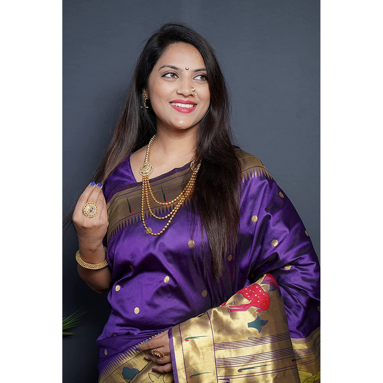 SGF11Womens Paithani Kanjivaram Pure Soft Silk Handloom Saree Pure Golden Zari With Blouse Piece (Violet)